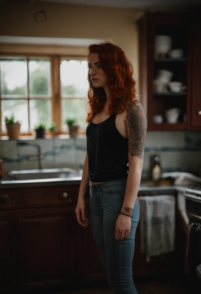 1girl, 20 years old, reddish hair, from ireland, full body, close-up,  looking at viewer, standing, depth of field, tattoo, kitchen,