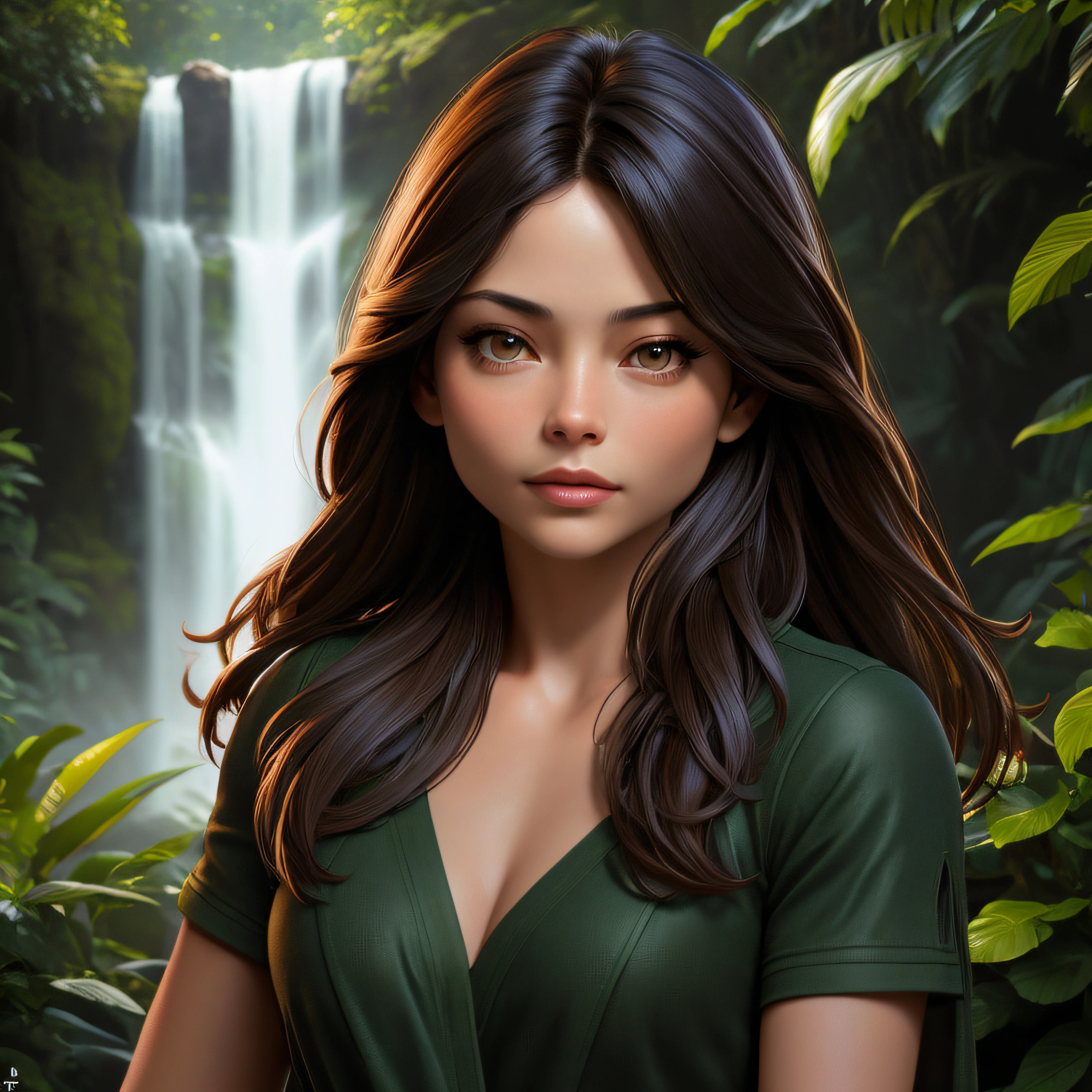 1Kristin Kreuk, brunette avec une longue tresse, avec de jolis yeux verts, portant un T-shirt crop vert et un short, dans une jungle luxuriante, avec une cascade au fond. tmasterpiece, Best quality, 8k, detailed skin texture, detailed cloth texture, beautifull detailed face, intricate high detail, Ultra detailded. Beautiful lighting and cinematographic composition make this piece a true masterpiece, Drew Struzan Style.