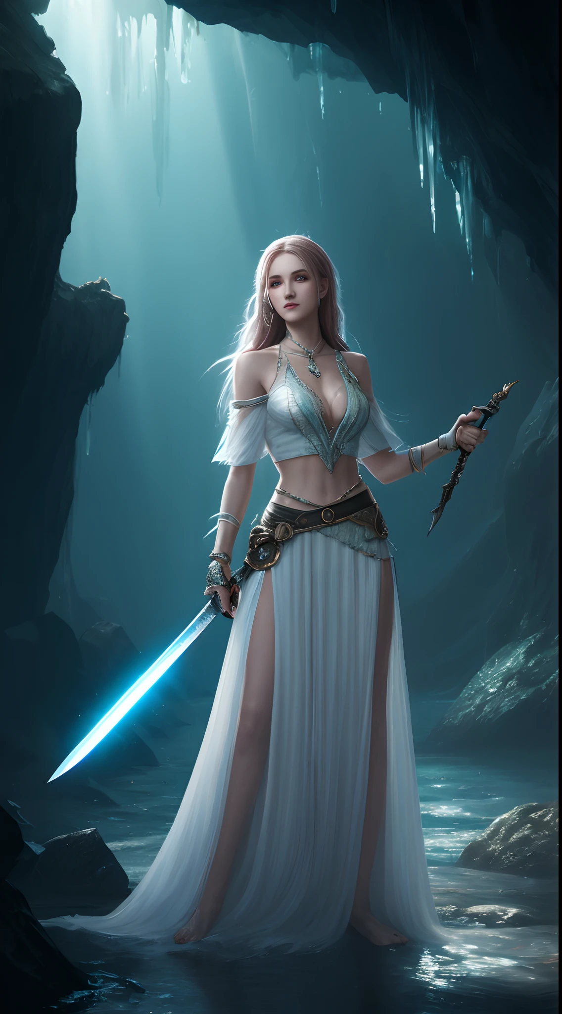 (((UHD))), (((masterpiece))), (((8k))), (((highres))), (((Surrealism))), (((cinematic lighting))), god rays, zoom layer, (((fullbody shot))), f/4.0, Canon, shiny skin,detailed skin,detailed face, detailed eyes, a woman in a white dress holding a sword in a cave, ice sorceress, digital fantasy art ), fantasy art style, beautiful fantasy art, ethereal fantasy, fantasy gorgeous lighting, epic fantasy art style hd, beautiful sword, fantasy art behance, she is holding a sword, fantasy sword, sword and wand – water, digital fantasy art, fantasy digital art