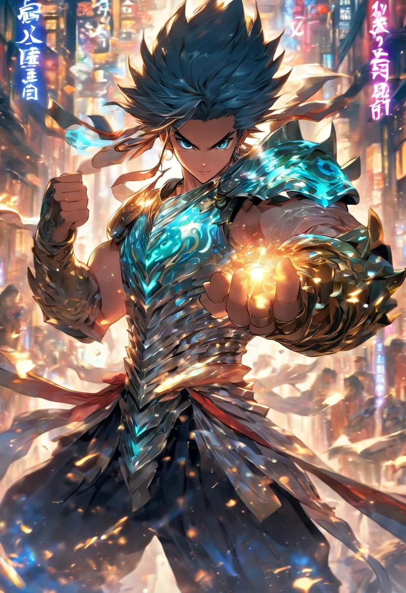 A Chinese teenager in silver armor stood in the air, The characters in ancient Chinese novels shine brightly, Handsome guy in silver, Gestures form spells, Martial arts are immortal, Palace game character carrying golden runes, Cyberpunk Style, Neon lights, Best image quality, 3D rendering of, Looking up, ultra-wide-angle, fish eye, A lens focused on the whole body, 16k, hyper HD, high resolution, Very detailed, Best image quality,1 girl,in fashion style,Random actions