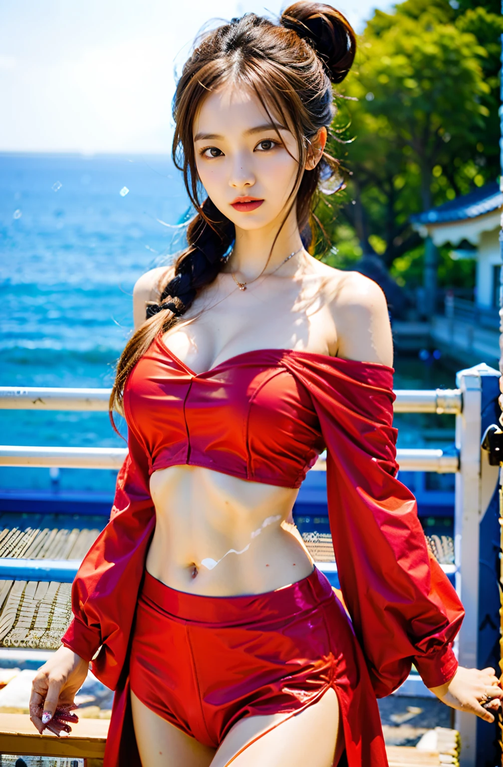 araffe asiatische frau im roten bikini posiert auf einem pier, Tragen eines zweiteiligen Badeanzugs, gorgeous chinese model, hot with shining sun, Tragen eines Badeanzugs aus Leder, Sha Xi, full body xianxia, Bei CGSTATION im Trend, Yang Qi, Leder-Bikini tragen, mit alter chinesischer Kleidung, wenfei ye, Qifeng Lin, Xintong Chen