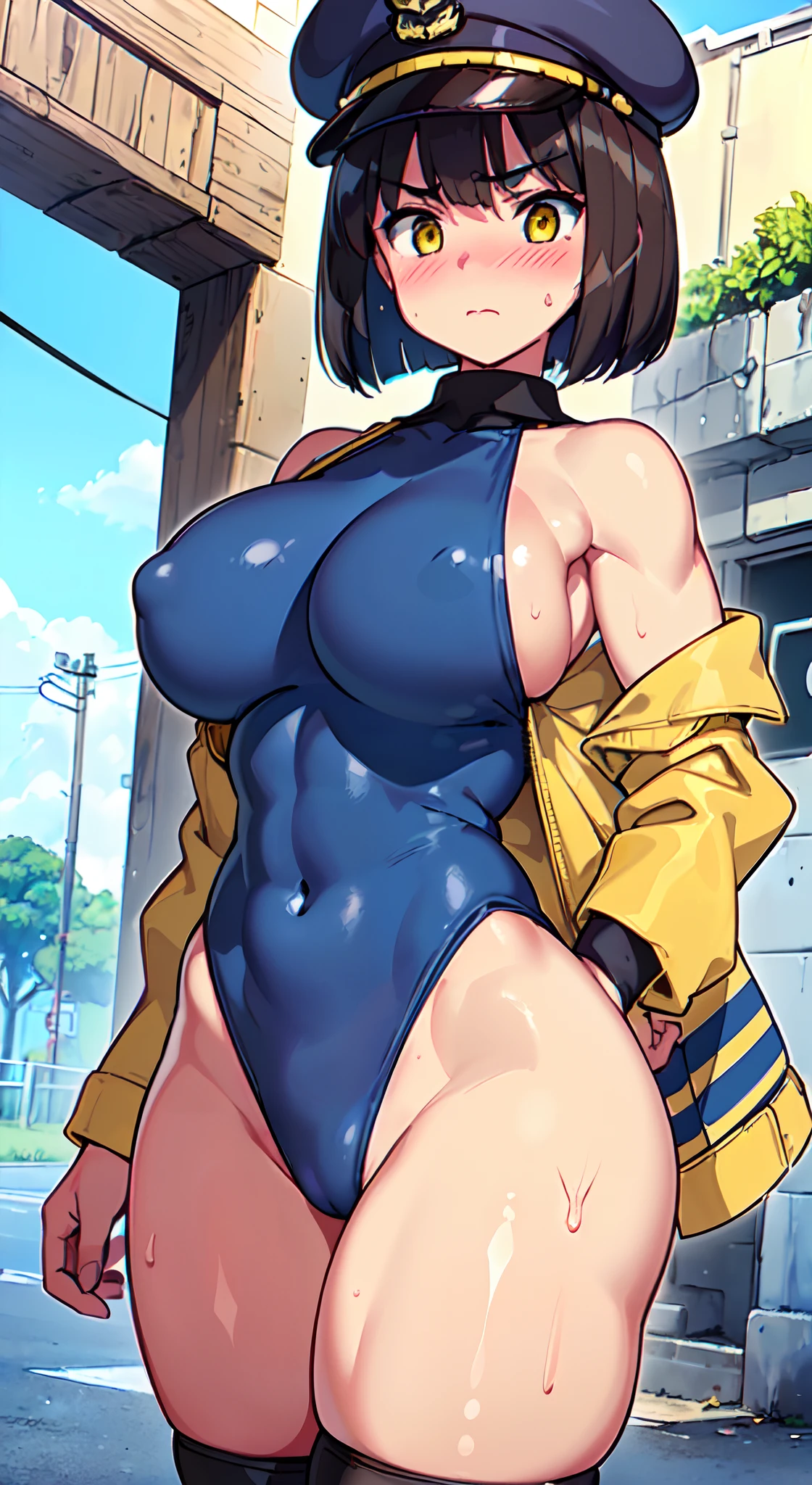 (Perfect body),Best Quality,(8K Portrait),(Official art)、(((muscular)))、(Police Hat)、embarrassed from、V-shaped eyebrows、(((blush))),(Sweat),((((large udder))))、((Big ass))、(Dark hair),((bob cuts)), blush,Short hair, (Yellow eyes),(((thick thighs)))、(Navy blue jacket)、(((Navy blue leotard)))、(((Looking away)))、(Leaning forward)、In the street