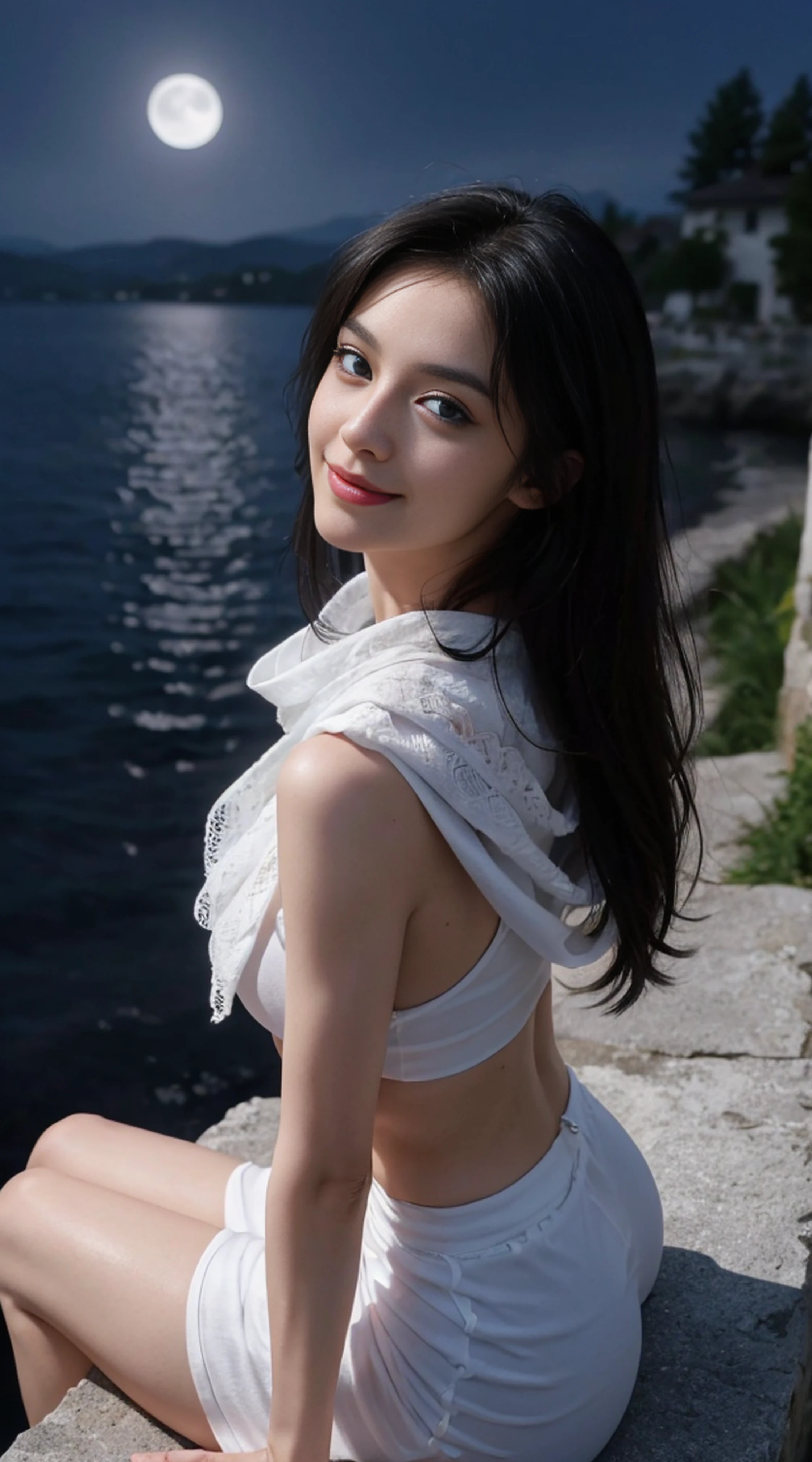 8K, Top Quality, Intricate Details, Ultra Detail, Ultra High Resolution, Masterpiece, random angle, Slender, Smile, (Makeup: 0.4), (Fluffy Blue Eyes: 1.21), blue Eyes, looking back, ((full body)), 1girl, solo, 1 girl, (( full body)), close up shot, sitting, on side , ((tall)), (((fit body))), (((slim face))), sharp face, sharp eyes, (((black hair, long hair, )) (detailed face), sharp face, small lips,
((shawl)), detailed face, detailed breast, , large breast, detail ass, round ass , Beautiful girl with accentuated slender abs: 1.4, Six Pack Abs: 1.4, Bust Botox, Big, Perfect Body, detail leg, (( moonlight)), top of mountain