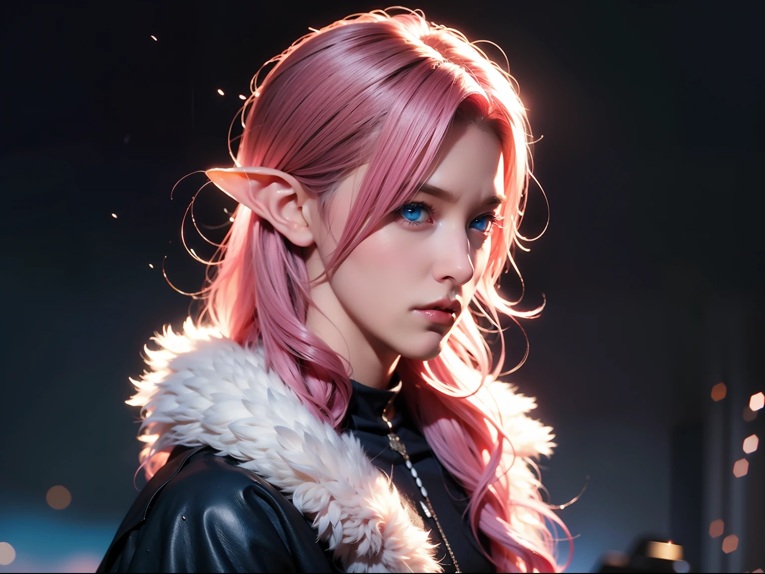 Man, boy, pink hair, short fur, elf, blue eyes, boy, medieval, dark, magical