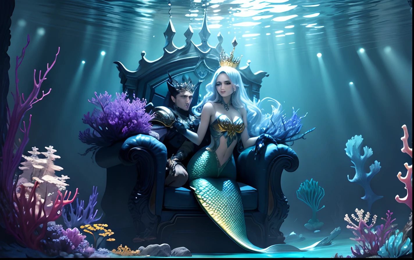 **Mermaid kings and queens living in an underwater castle**:	
-background: Darkness of the deep sea、The light of sparkling creatures。	
- Main elements: Magnificent underwater castle、Mermaid king and queen sitting on the throne。fantasy	
- Color palette: Deep blue or purple、Decorative colors of gold or silver。