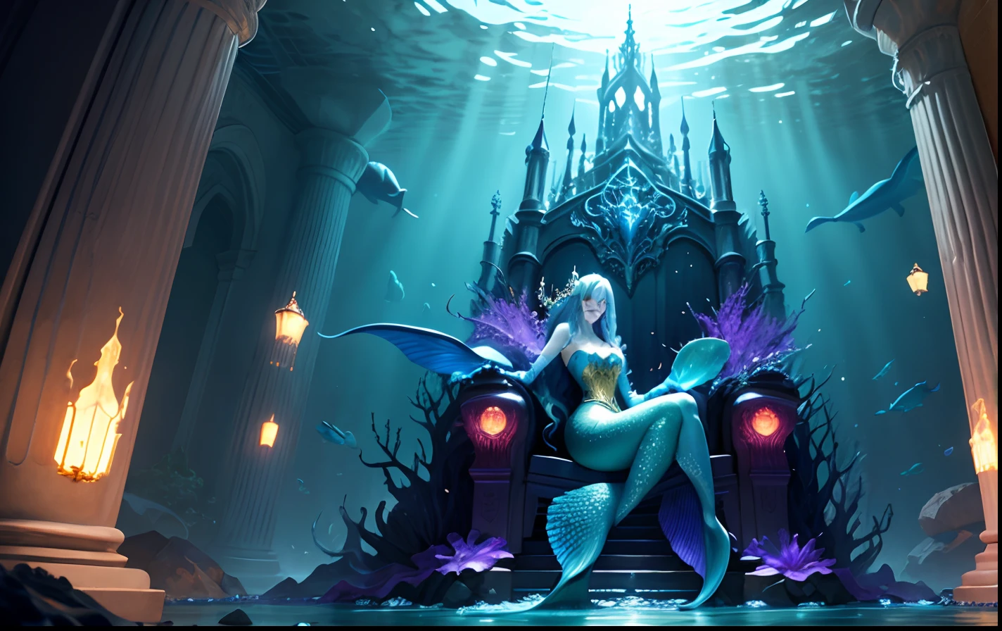 **Mermaid kings and queens living in an underwater castle**:	
-background: Darkness of the deep sea、The light of sparkling creatures。	
- Main elements: Magnificent underwater castle、Mermaid king and queen sitting on the throne。fantasy	
- Color palette: Deep blue or purple、Decorative colors of gold or silver。
