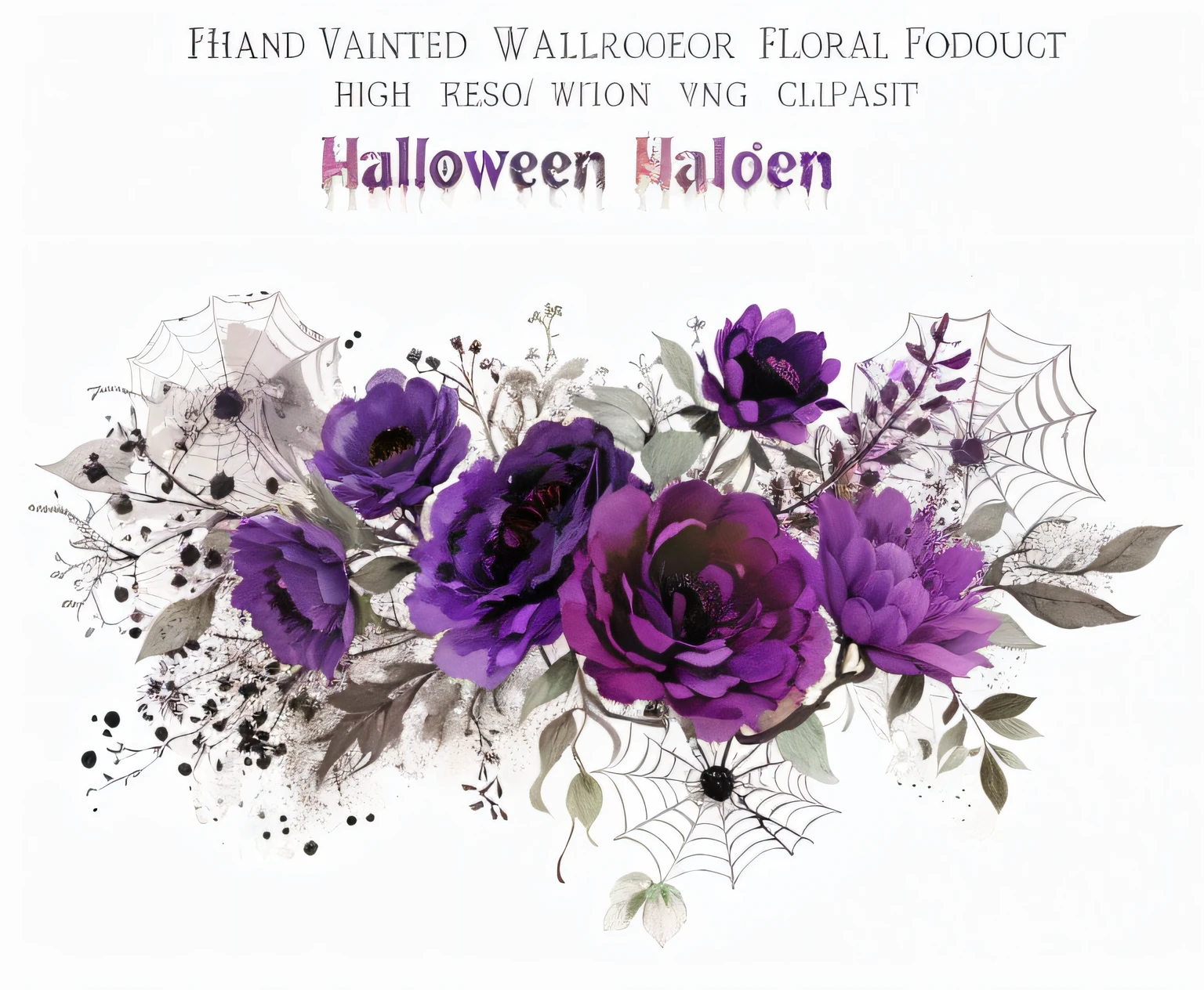 halloween floral clipart set in watercolor style on white background clean lines