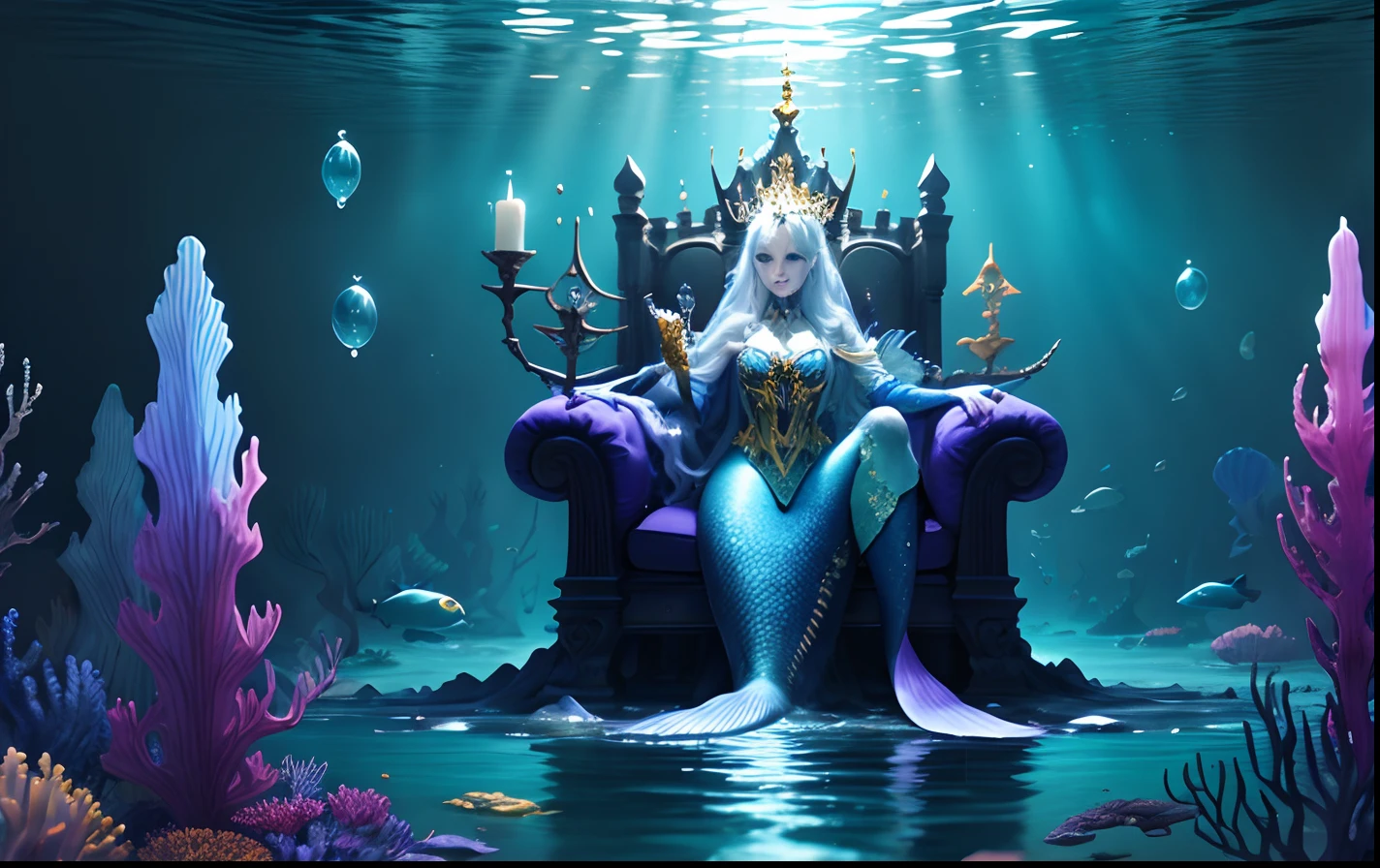 **Mermaid kings and queens living in an underwater castle**:	
-background: Darkness of the deep sea、The light of sparkling creatures。	
- Main elements: Magnificent underwater castle、Mermaid king and queen sitting on the throne。fantasy	
- Color palette: Deep blue or purple、Decorative colors of gold or silver。