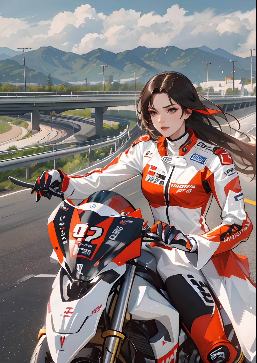 highway, a sexy girl, In a white and red rider costume, Ride a MotoGP motorcycle on the highway,