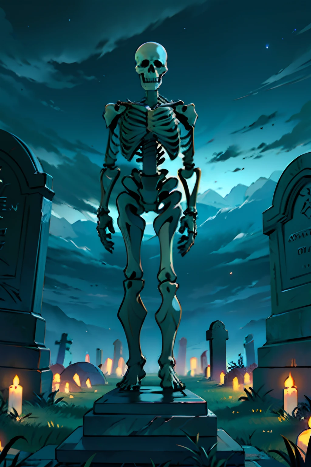 A skeleton laying down horizontally on a grave in front of a tombstone, background is graveyard, mood is death, futility, termination, dark cloudy skies, eerie night time light, character design.