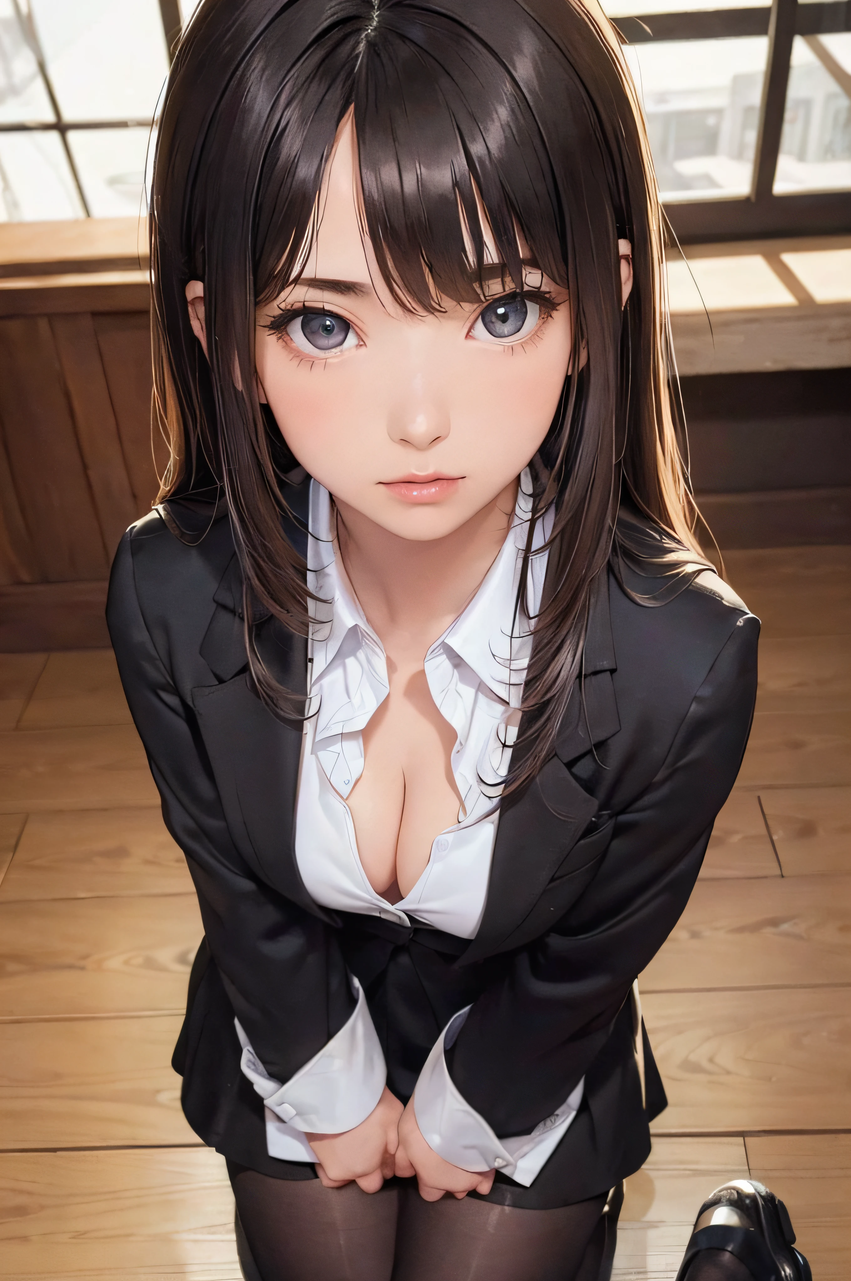 (1girl 24 years old:1.3), (photorealistic:1.4), (masterpiece, top quality, best quality, official art), extreme detailed, highest detailed, (ultra-detailed), ((an extremely delicate and beautiful)), cinematic light, (realisticlying:1.3), (highdetailskin:1.2), high resolution, 8K UHD, 4K, 8K, Bokeh, digital SLR camera, absurderes, Optimal proportions of four fingers and one thumb, 
((silky long hair)), (brown hair), beautiful face, perfect face, highly detailed beautiful face, 
Cute, shy,
walk around town, midnight,
dynamic angle, from above, 
((Wearing a black formal blazer)), ((white blouse with collar)), cleavage, skirt, lacepantyhose, blue underwear,
open legs a little, kneel down,