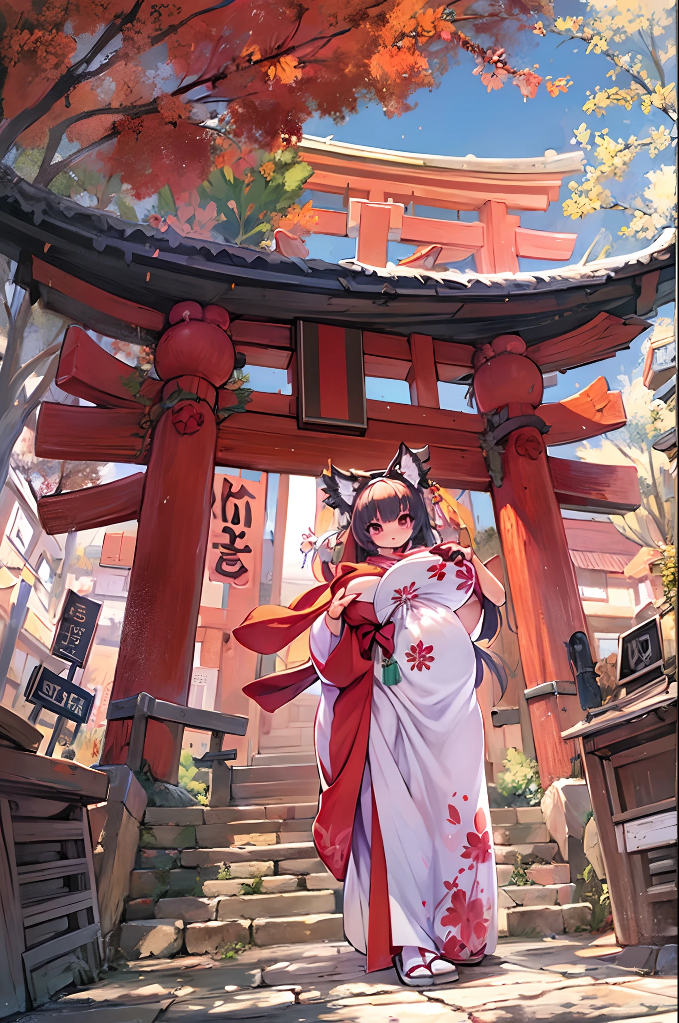 Tanuki Woman、body covered with fur、huge-breasted、kawaii、shrine maiden、Japan white clothes,Red Hakama、torii gate,summer day、From below、Wide Shot