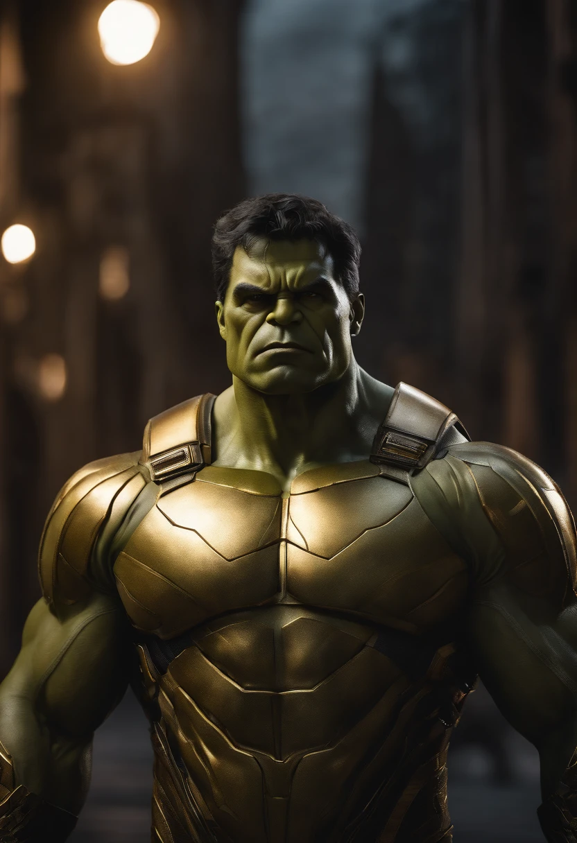 full body shot of hulk  in white and gold armour style suit, no mask on, white cape, looking at center camera, perfect composition, beautiful detailed intricate insanely detailed octane render trending on artstation, 8 k artistic photography, photorealistic concept art, soft natural volumetric cinematic perfect light, chiaroscuro, award - winning photograph, masterpiece, oil on canvas, raphael, caravaggio, greg rutkowski, beeple, beksinski, giger, trending on artstation, sharp focus, studio photo, intricate details, highly detailed, night city background, by greg rutkowski