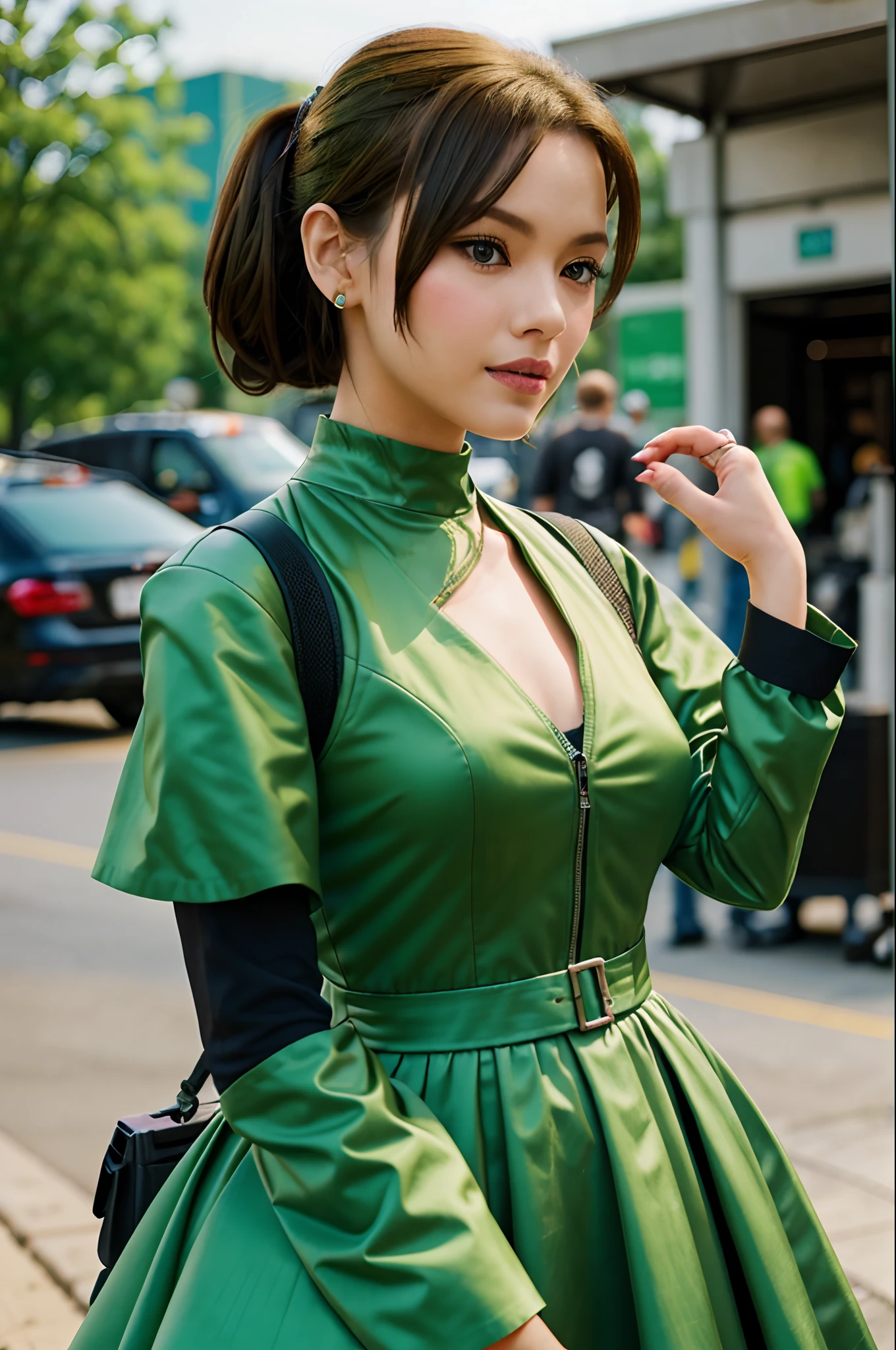 A beautiful woman in a green dress is standing on the sidewalk next to the rest stop, the background is a red motorcycle, cyber realistic, high detail face, 8k --auto --s2