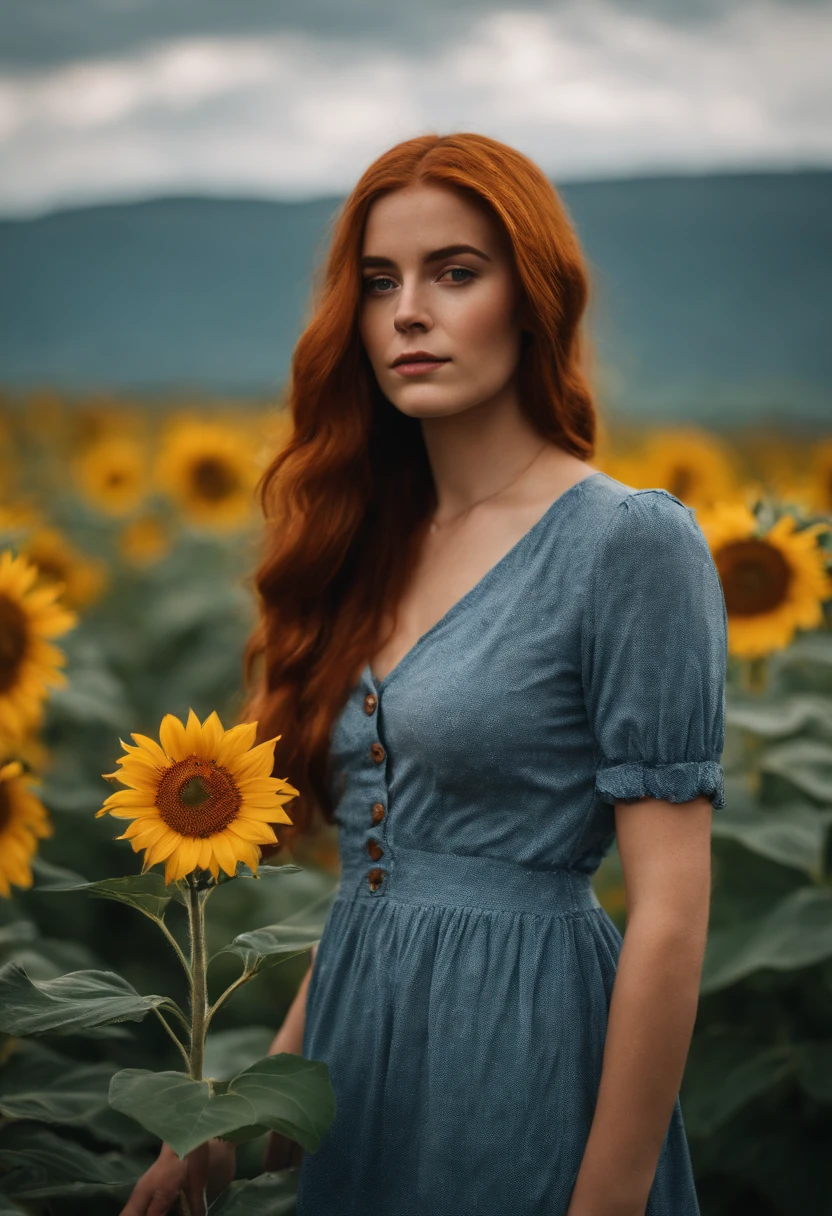 1girl, 20 years old, reddish hair, from ireland, full body, close-up, looking at viewer, standing, depth of field, tattoo, summer skirt, baby doll style, sunflower field