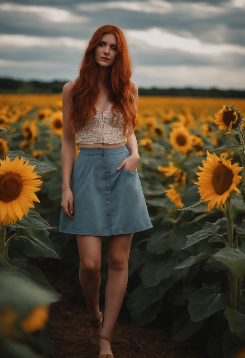 1girl, 20 years old, reddish hair, from ireland, full body, close-up, looking at viewer, standing, depth of field, tattoo, summer skirt, baby doll style, sunflower field