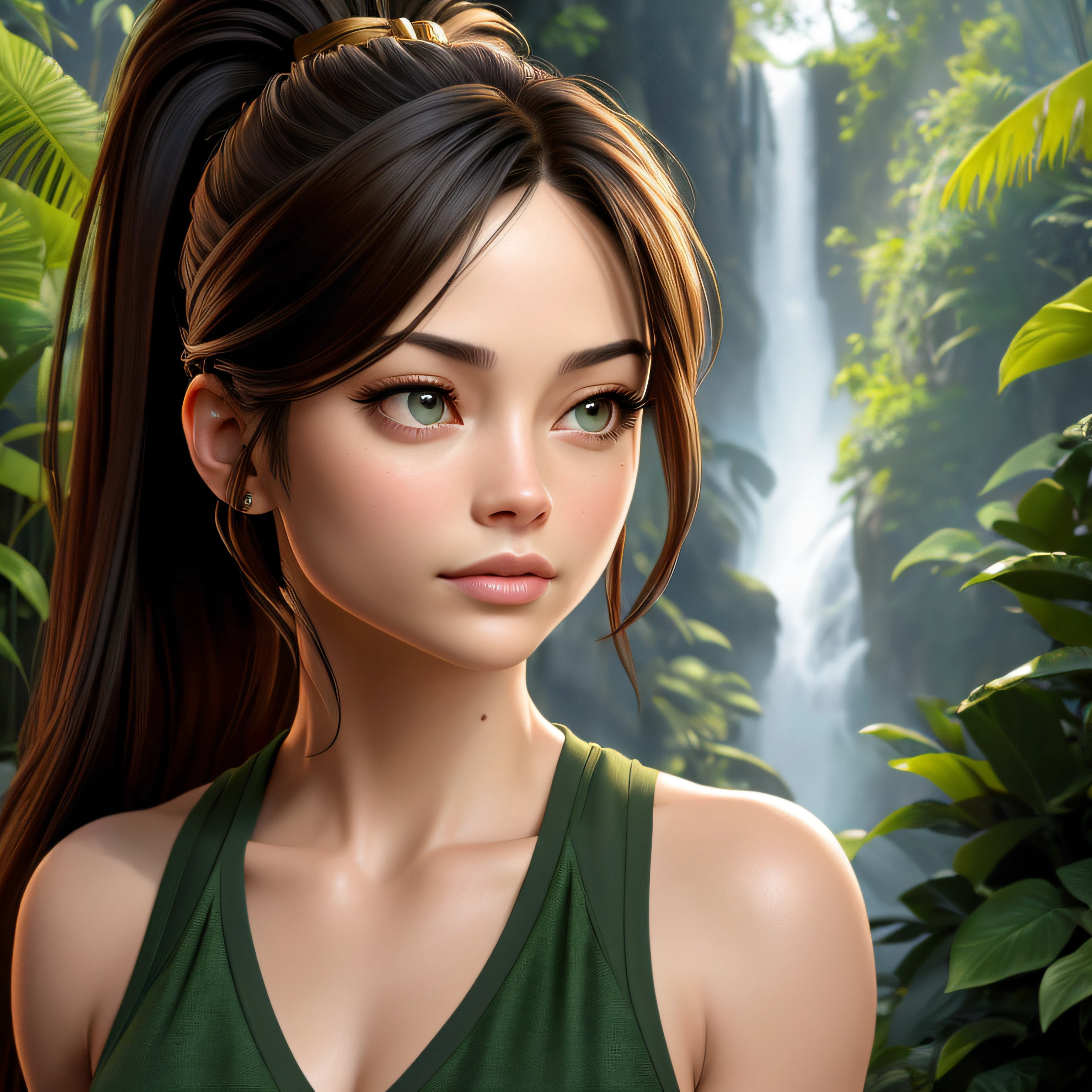 1Kristin Kreuk, brunette, ponytail, avec de jolis yeux verts, portant un T-shirt crop vert et un short, dans une jungle luxuriante, avec une cascade au fond, Best quality, 8k, detailed skin texture, detailed cloth texture, beautifull detailed face, intricate high detail, Ultra detailed. Beautiful lighting and cinematographic composition make this piece a true masterpiece, Drew Struzan Style. golden ratio. large plan