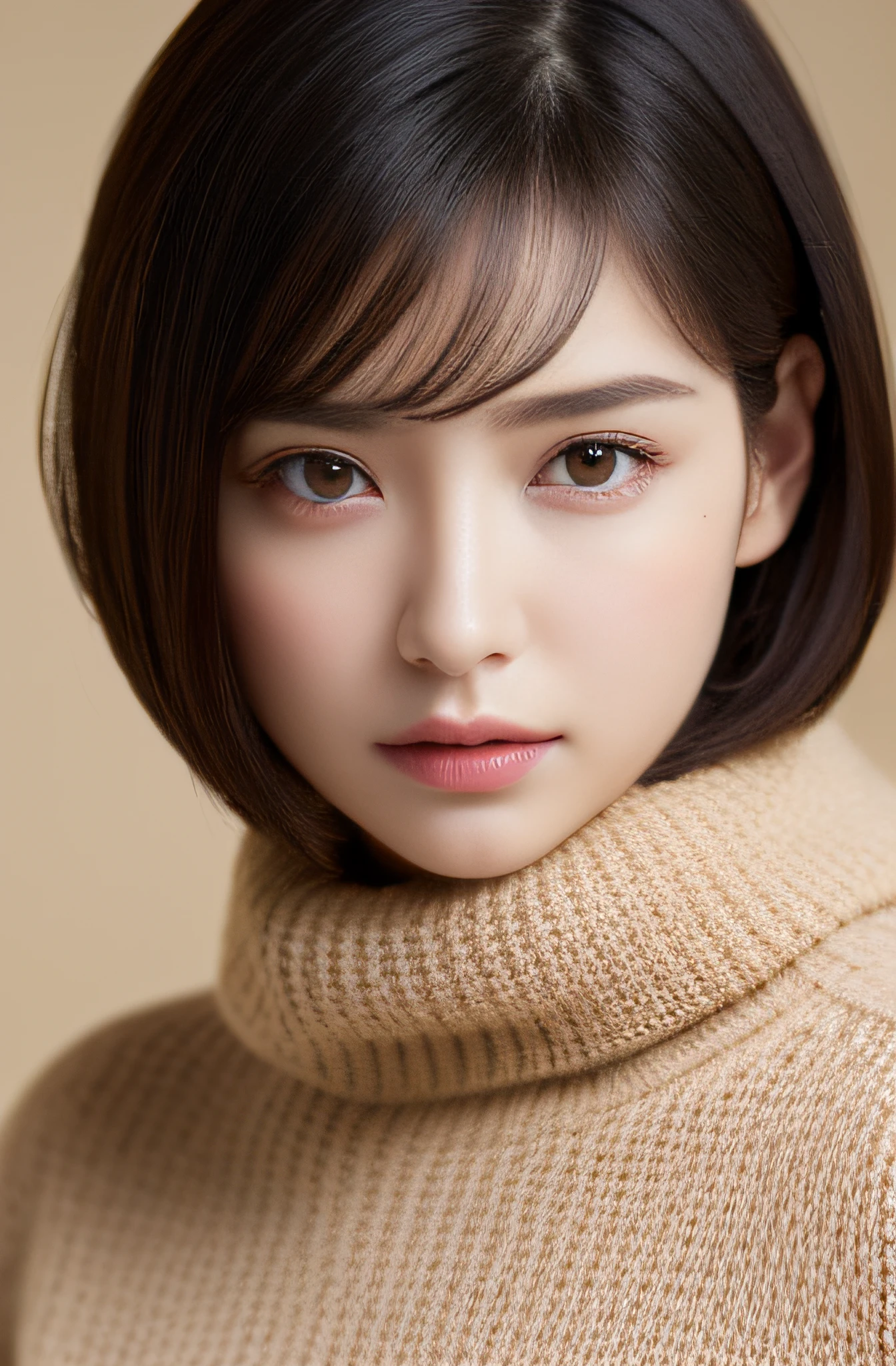 masuter piece:1.3)、(8K、Photorealsitic、Raw photography、top-quality: 1.4)、(1girl in)、Very beautiful face、(Very realistic face)、(A dark-haired、short-hair:1.3)、Very beautiful hairstyle、Very realistic eyes、Very beautiful details、（Very realistic skin）、Very beautiful skin、（Sweaters）、absurderes、Very attractive、超A high resolution、A hyper-realistic、high-detail、the golden ratio.