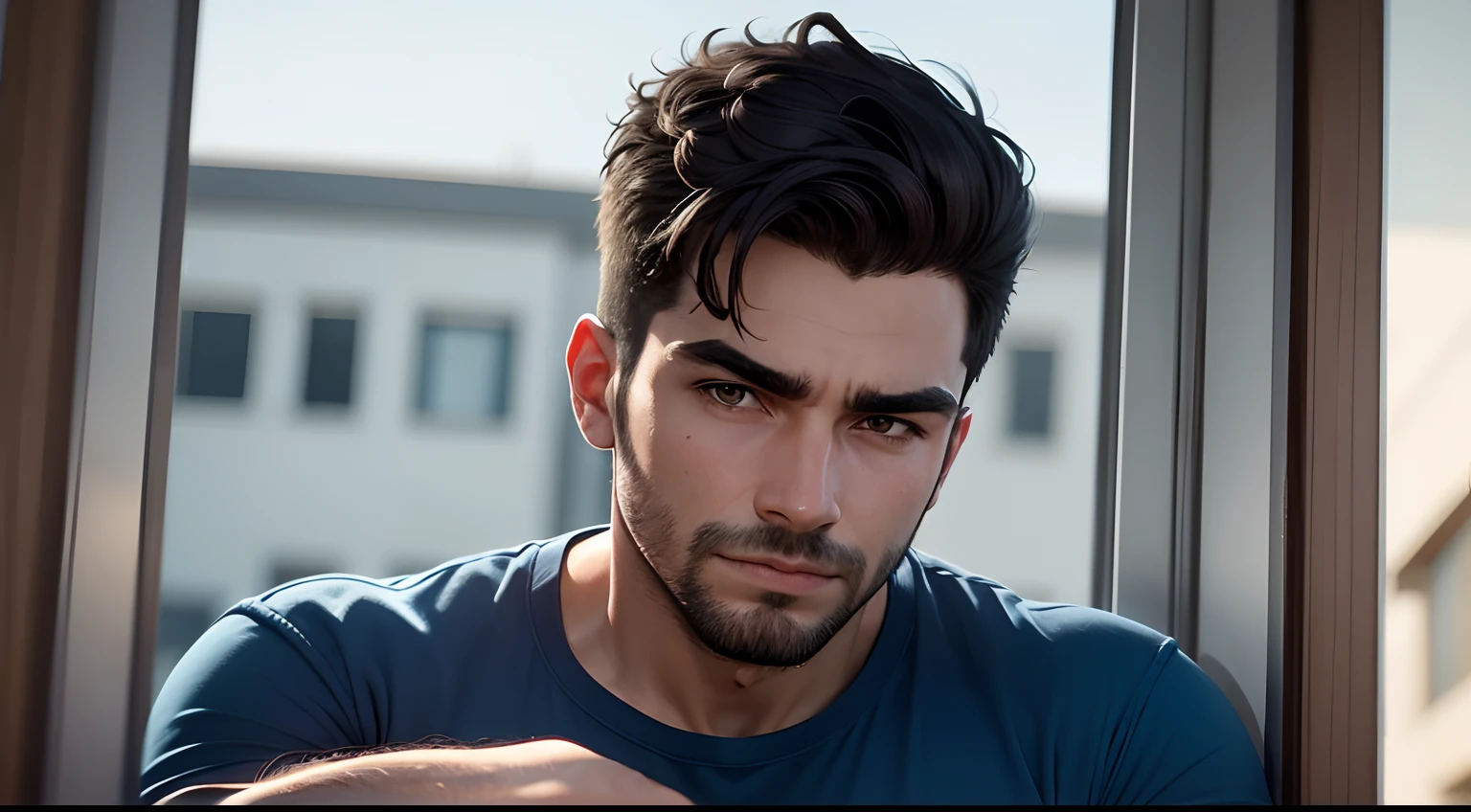 There's a man sitting in a chair in a blue shirt, imagem de qualidade muito baixa, Foto selfie 8k, facebook post, rosto suado, Foto de perfil do headshot, taken in the early 2020s, Streamer do Twitch / Jogador Ludwig, cerca de 3 5 anos, rosto muito detalhado, no facial features, homem de 30 anos, with neutral expression, sem fundo, com pele mais escura