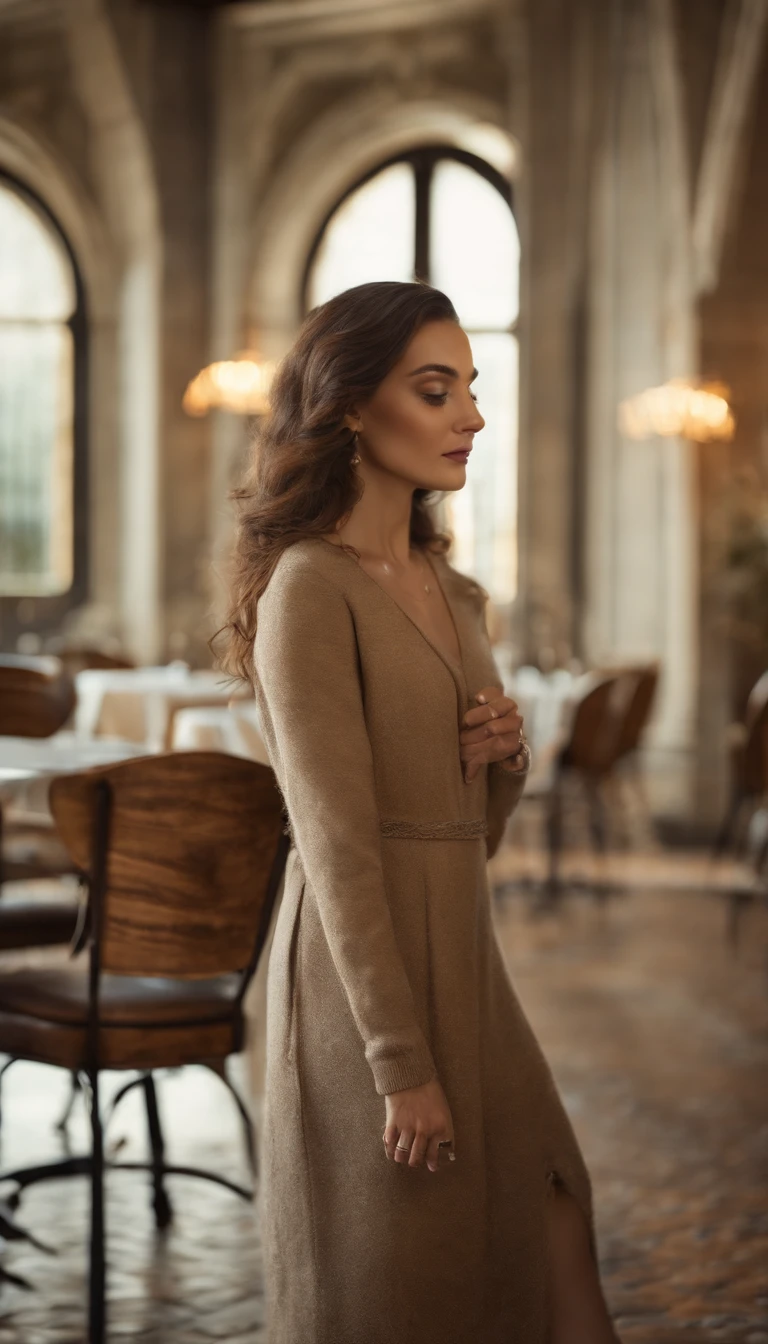 beautiful brunette wearing beige sweater (having lunch inside a modern restaurant), very detailed, 40 years, innocent face, long hair, natural wavy, blue eyes, high resolution, masterpiece, best quality, intricate details, highly detailed, sharp focus, detailed skin, realistic skin texture, texture, detailed eyes, professional, 4k, charming smile, shot on Canon, 85mm, shallow depth of field, kodak vision color, perfect fit body, extremely detailed, foto_\(ultra\), photorealistic, realistic, post-processing, maximum detail, roughness, real life, ultra realistic, photorealism, photography, 8k uhd, photography