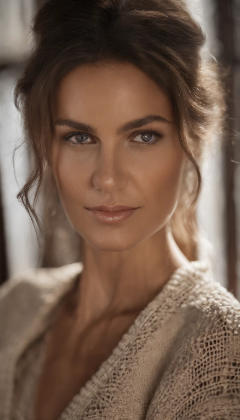 beautiful brunette wearing beige sweater (having lunch inside a modern restaurant), very detailed, 40 years, innocent face, long hair, natural wavy, blue eyes, high resolution, masterpiece, best quality, intricate details, highly detailed, sharp focus, detailed skin, realistic skin texture, texture, detailed eyes, professional, 4k, charming smile, shot on Canon, 85mm, shallow depth of field, kodak vision color, perfect fit body, extremely detailed, foto_\(ultra\), photorealistic, realistic, post-processing, maximum detail, roughness, real life, ultra realistic, photorealism, photography, 8k uhd, photography