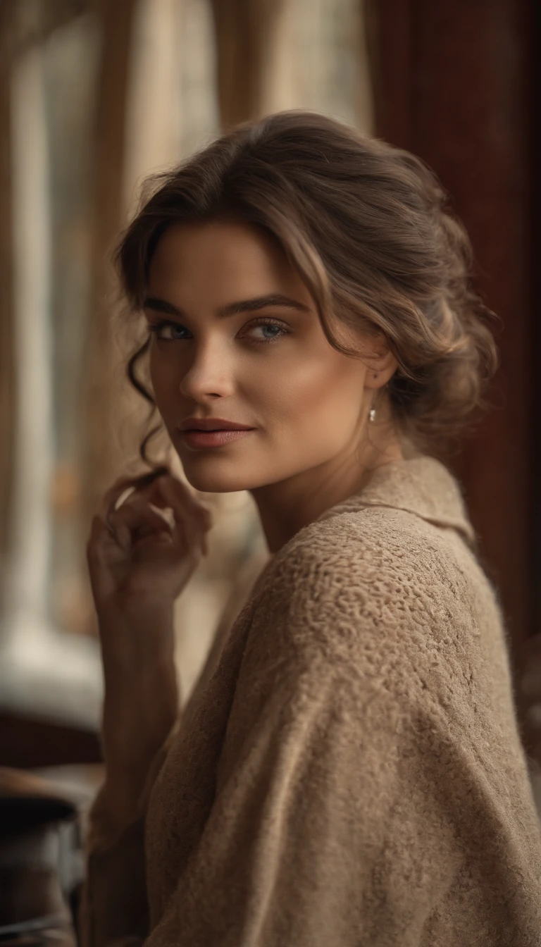 beautiful brunette wearing beige sweater (having lunch inside a modern restaurant), very detailed, 40 years, innocent face, long hair, natural wavy, blue eyes, high resolution, masterpiece, best quality, intricate details, highly detailed, sharp focus, detailed skin, realistic skin texture, texture, detailed eyes, professional, 4k, charming smile, shot on Canon, 85mm, shallow depth of field, kodak vision color, perfect fit body, extremely detailed, foto_\(ultra\), photorealistic, realistic, post-processing, maximum detail, roughness, real life, ultra realistic, photorealism, photography, 8k uhd, photography