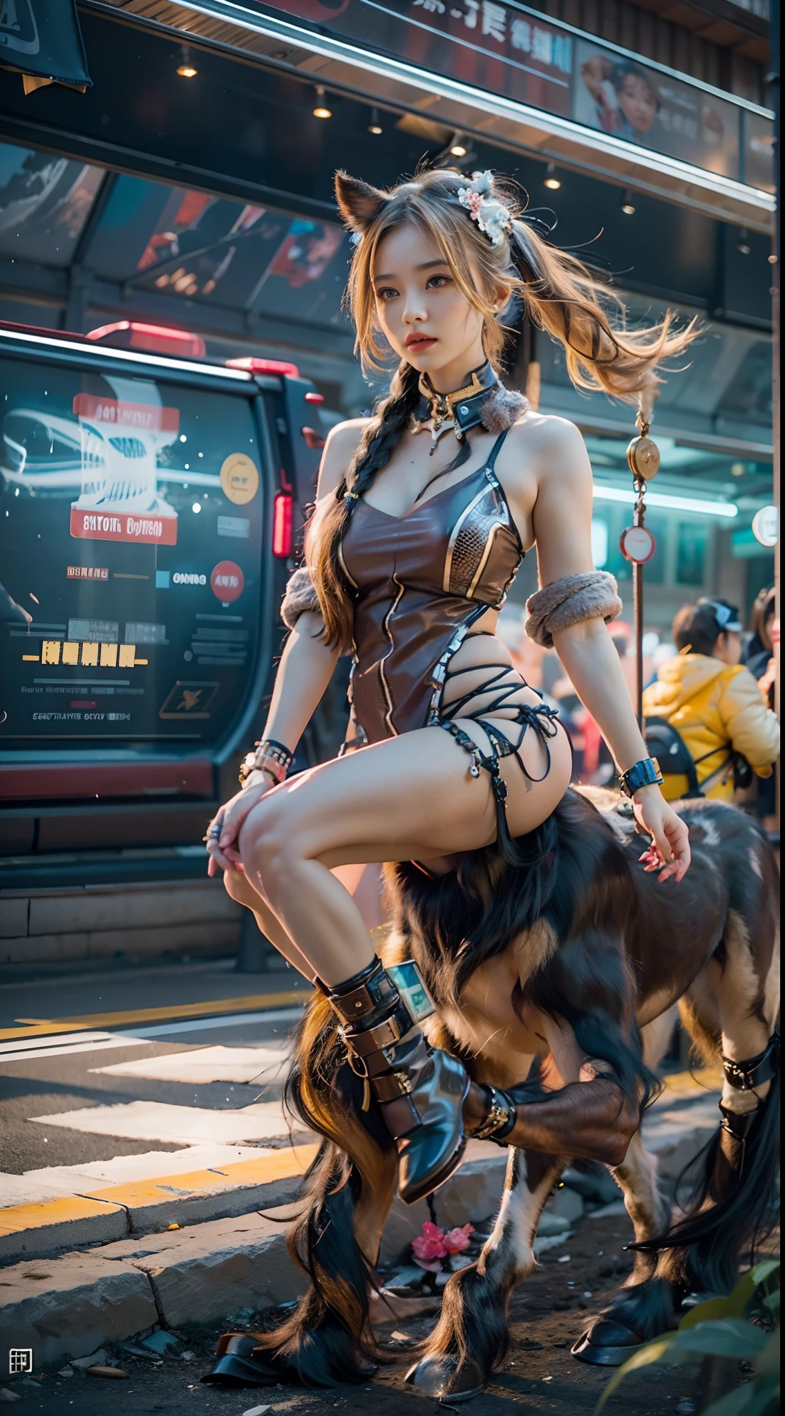 In a very grand scene，The extra-large wide-angle lens captures the appearance of a female centaur。（She is traveling through the stars：9.9），She is tall，It has the ultimate curvy beauty，The muscles are slender and firm，Beautiful lines。Her facial features are tough and coquettish，Always with a sunny smile。She wears special tight-fitting equipment with a strong sense of technology，Step on multifunctional off-road style heels，Delicate and practical protective gear is worn on the hands, feet, wrists, neck and shoulders。The detection equipment around you flashes various cue lights and neon-like information screens，Let her exude a charming brilliance。Use Midjourney's advanced tools，Design special tight-fitting equipment for female centaurs，Highlight her unique physiological characteristics and appearance details，Add realism。And in her adventure scene，Spectacular views of nature，Such as the sky where storms and sunny days alternate、Brilliant rivers of stars and auroras、The snow-capped summit of Mount Everest、Fireworks in the mountain town, etc。ao mesmo tempo，Away from the hustle and bustle of Long Beach Pier is a neon-lit spaceship docked，Create a fantastic scene。Use Midjourney's advanced tools and multiple color palettes、Brush Strokes、Texture tools and model packages，It shows a sense of atmosphere where beauty and charm coexist。The charm of the female centaur is highlighted through color and lines，Enhance realism with detailing，Create a surreal dreamy feeling。Additionally，Use Midjourney's tools to add a variety of extreme sports gear and cultural trinkets to the female centaur，Create intricate hairstyles and outfits，Give her a sense of premium。She never flinches，Regardless of the terrain，can respond quickly，Even the extreme geography and dangerous terrain of aliens cannot stop her。Use Midjourney's powerful tools，You can do it with incredible detail and beauty，Bring this ultra-grand and beautiful scene to life。Ultra-grand scenes，super wide shot， hdr，（真实感，Masterpiece quality，