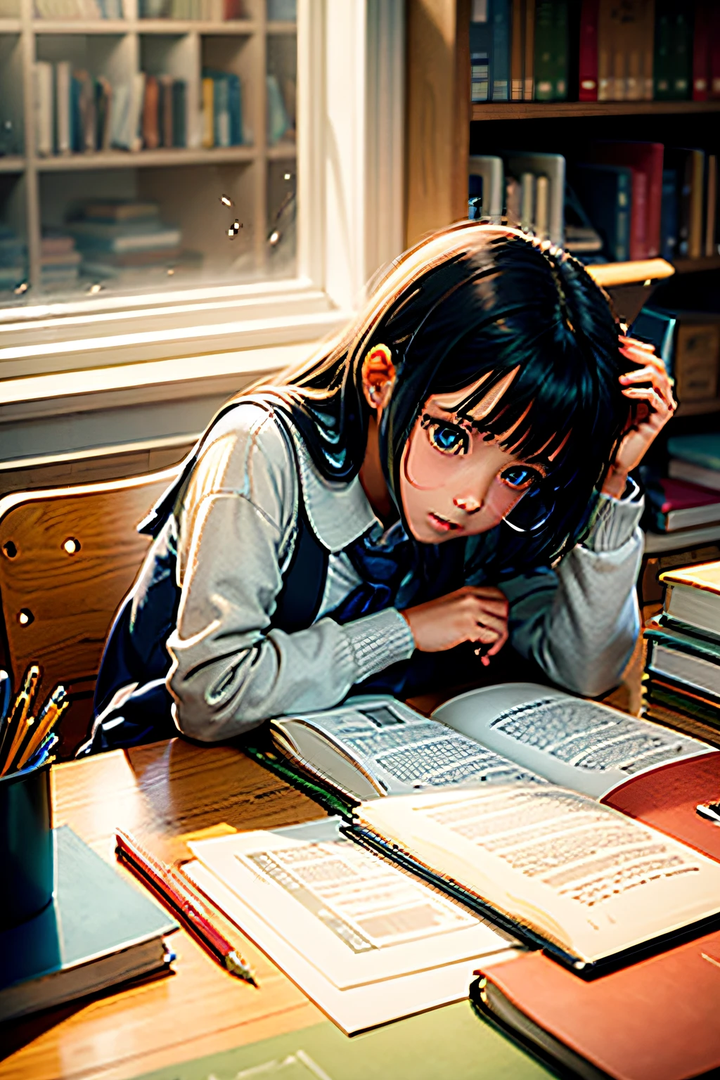 A GIRL IN A ROOM STUDYING WITH VARIOUS BOOKS AND SCHOOL SUPPLIES
