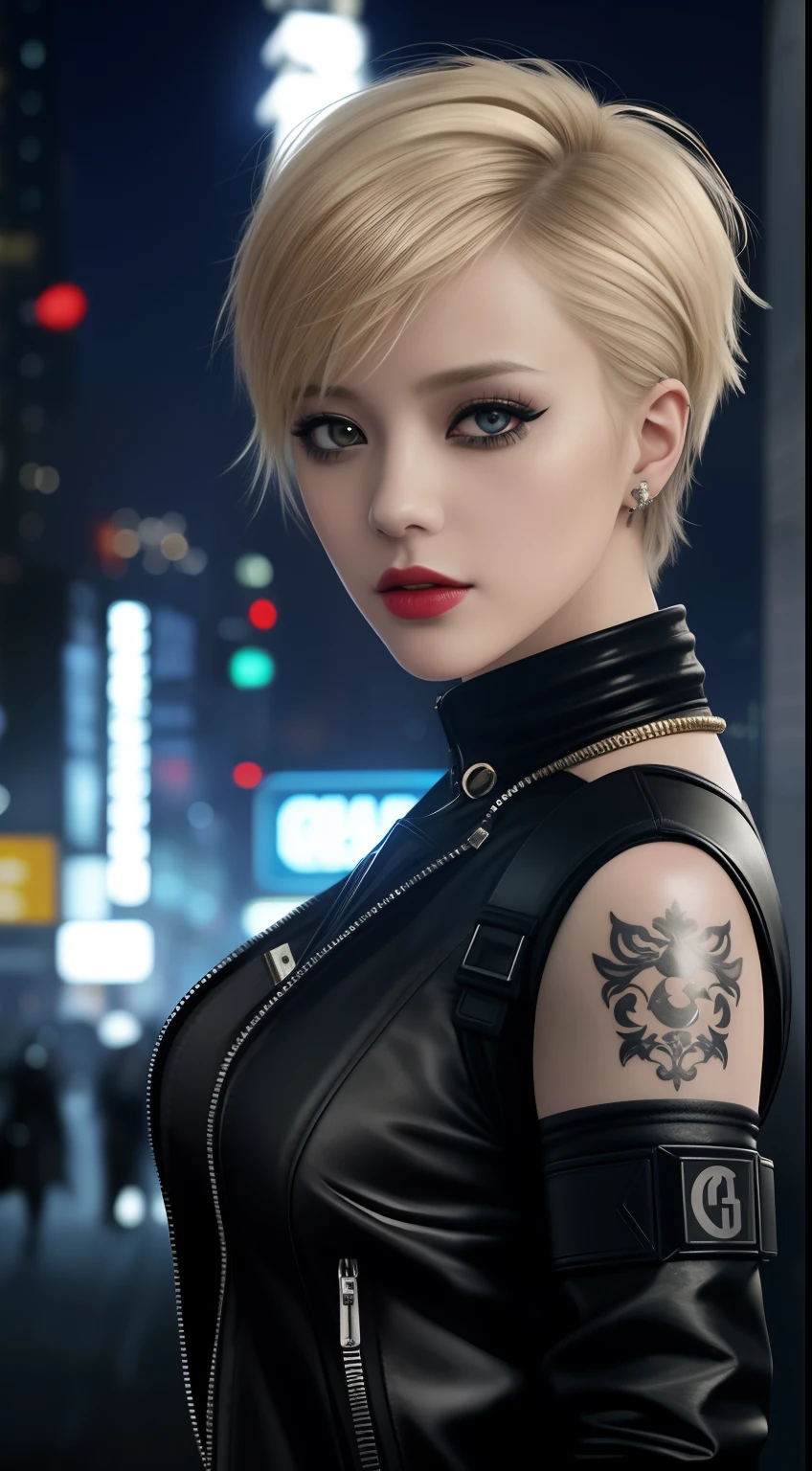 Close-up, a beautiful fashionable Russian fashionable blonde hair, tattered outfit, short side cut hair, punk outfit, lipstick, action movie scene, dystopian movie blade runner scene, night, bustling with neon signs, blade runner aesthetic, crowded people, movie cinematography, trash gang, attractive person, high emphasis on detail, wearing weather technology equipment, trash gang, tattoos, nightlife, full of life, trash gang, action movie shot by Kon Satoshi, Semi Impasto style, matte painting, atmospheric, bright, dramatic lighting, beautiful eyes, symmetrical eyes, perfect eyes