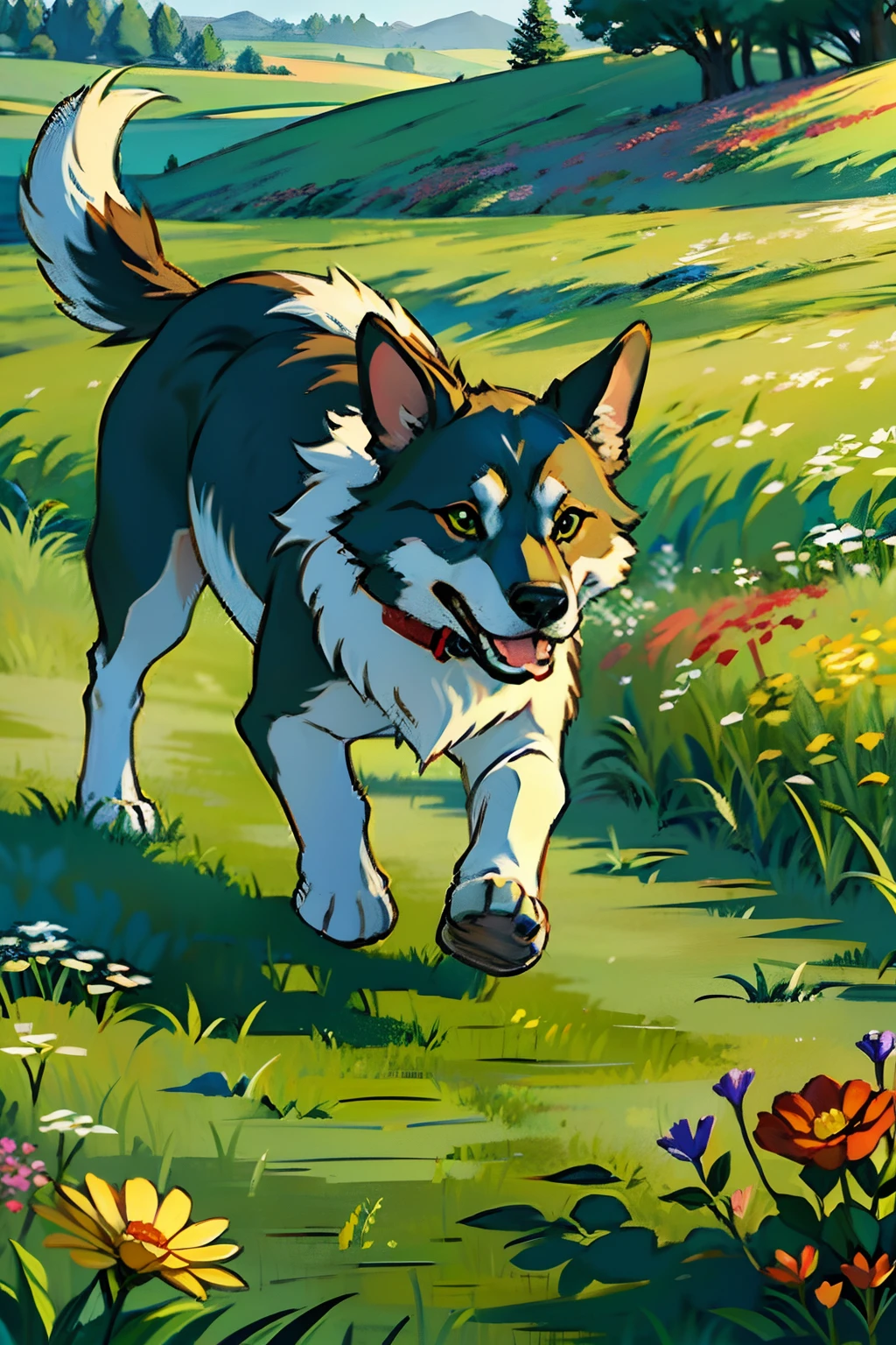A painting of a springtime landscape, green grass, wild flowers, a dog running, close up, early morning light.