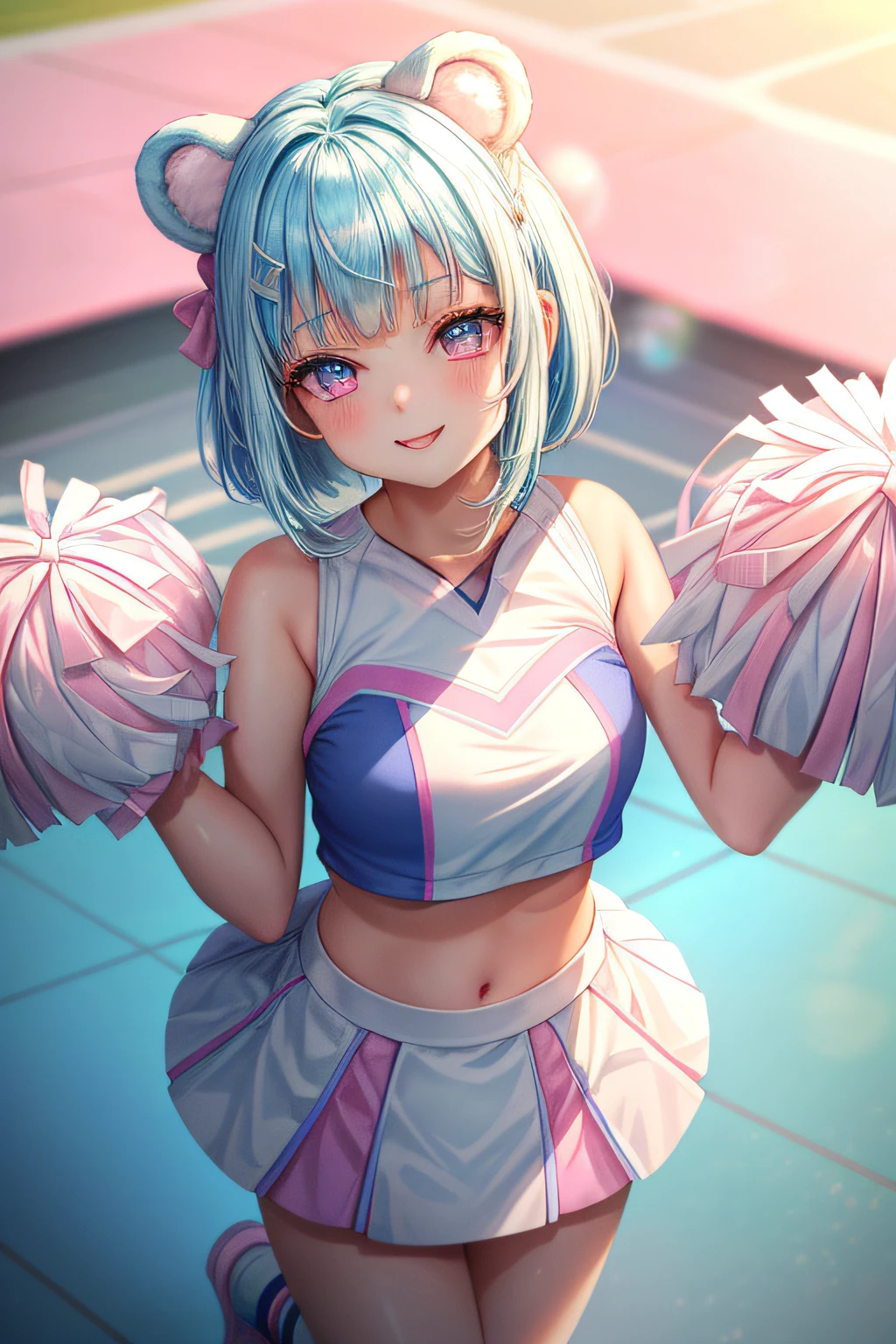 ​master piece, Best Quality, High resolution, Ultra-detailed, 1girl in, early teen, ((Pale blue hair and pink eyes)), (cheer girl:1.5), Fluffy animal ears, Bangs, Short hair, Bow, Hair Bow, Pale blue bow, sano, Best Smile, Polar bear ears, bob cuts, school ground , Pink hair and pale blue eyes, Looking up angle