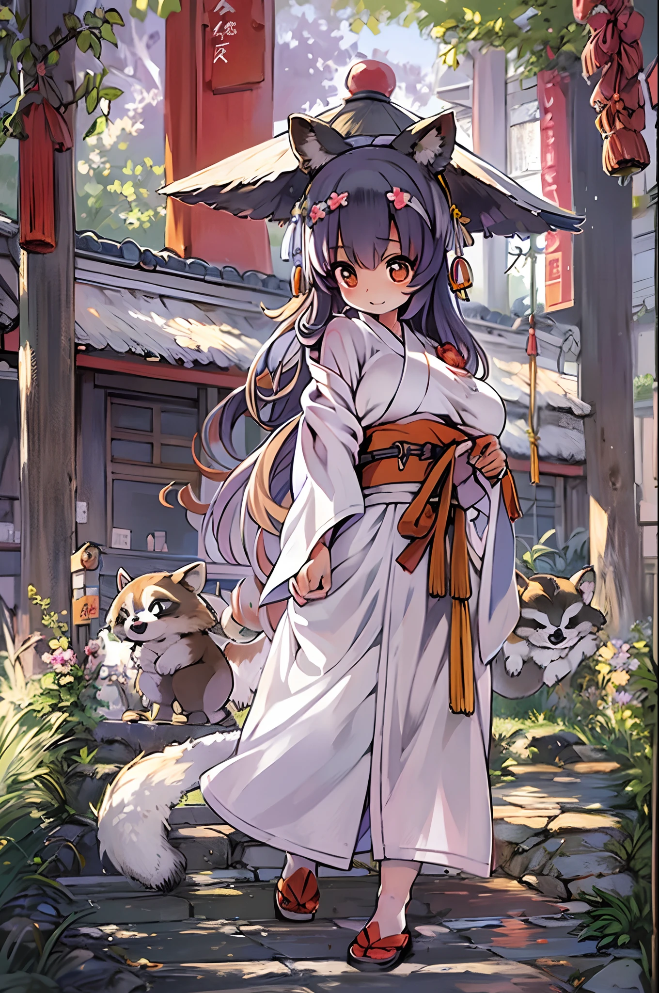 Raccoon Woman、body covered with fur、huge-breasted、kawaii、shrine maiden、Japan white clothes,Red Hakama、torii gate,summer day、From below、Wide Shot、raccoon dog