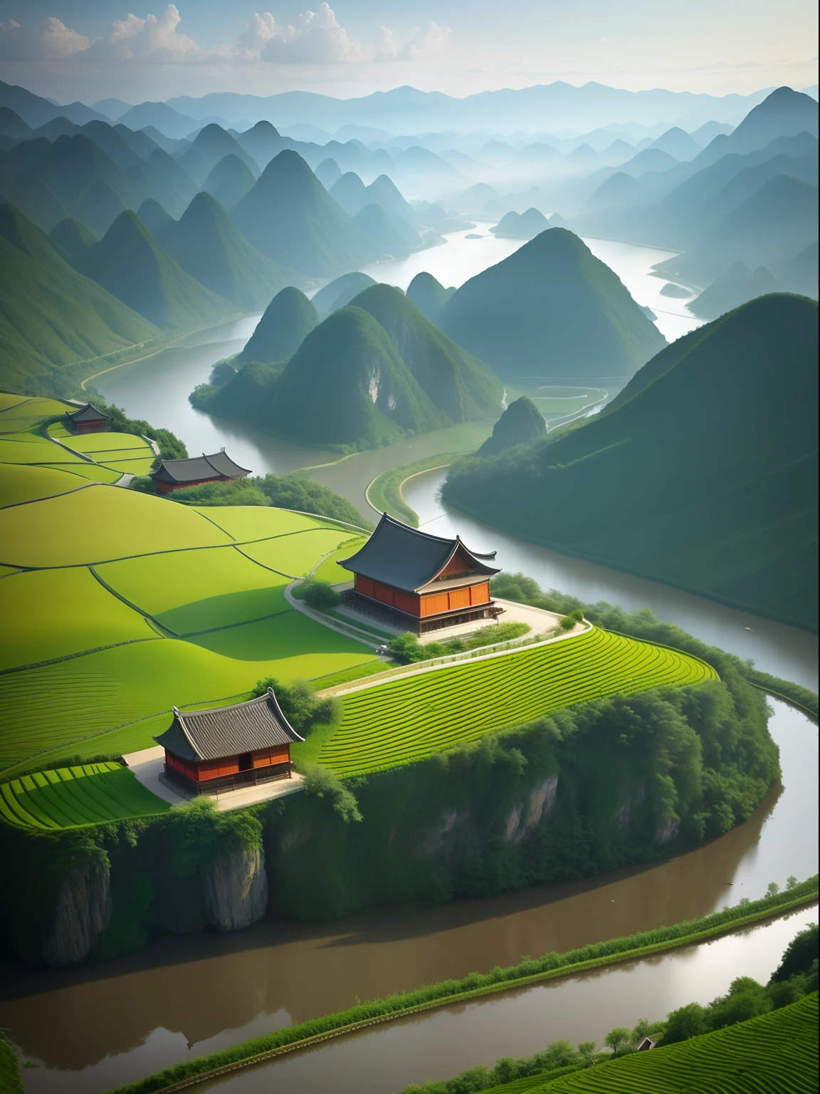 Alafid view of a small house in the valley，The background is mountains, author：Yu Zheding, by Raymond Han, beautiful landscape rendering, author：Patrick Cheng, author：Wang Lei, By Fei Danxu, author：Xia Yong, karst landscape, Valle futurista, Valle encantador, photorealistic landscapes, Amazing landscape, author：Fan Qi, Chinese village
