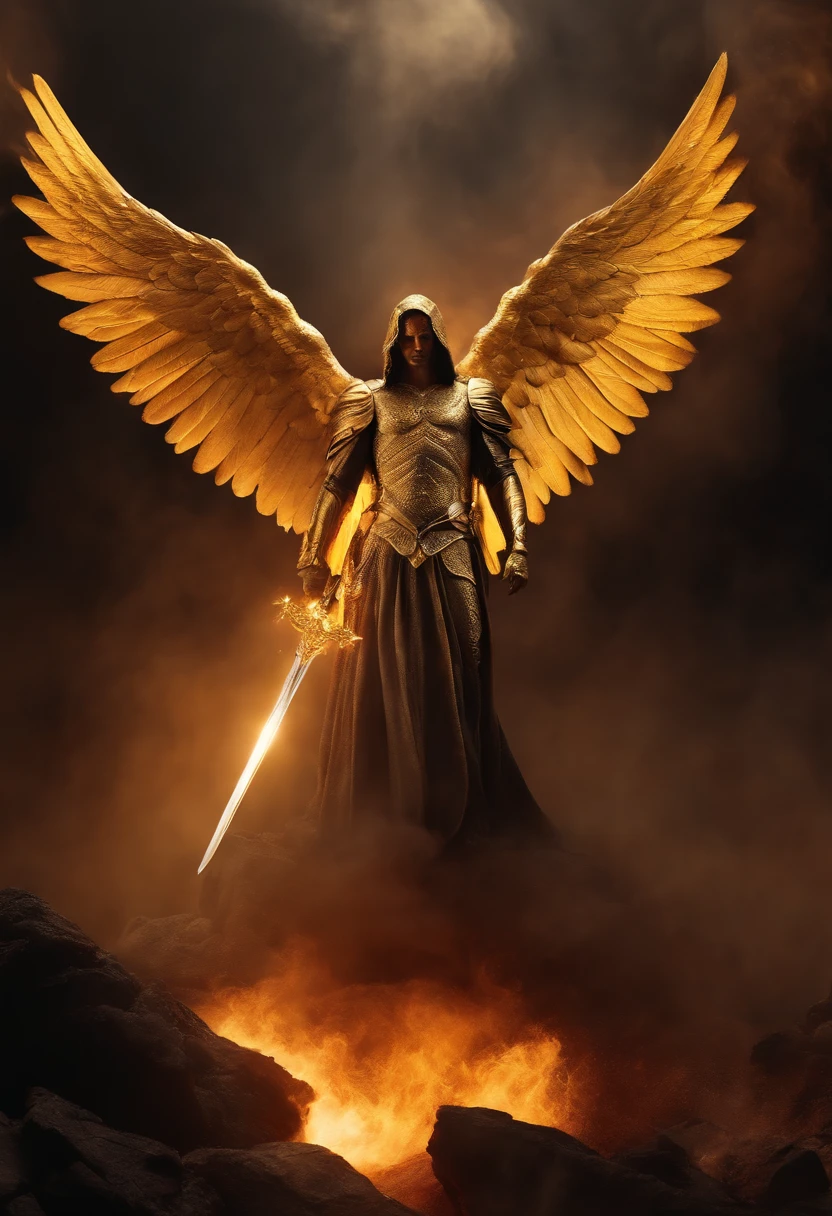 Ultra-realistic angelic figure: A golden angel with wings spread with a sword of fire in his hand in an apocalyptic setting and with dark smoke
