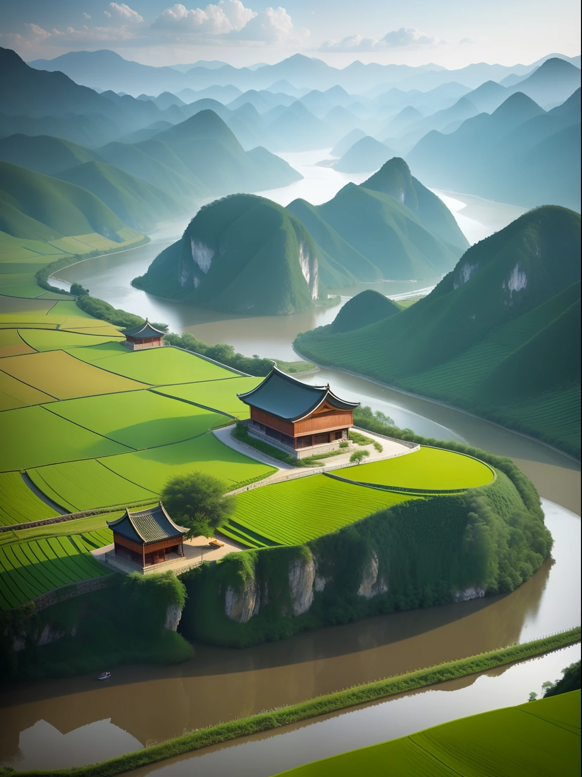 Alafid view of a small house in the valley，The background is mountains, author：Yu Zheding, by Raymond Han, beautiful landscape rendering, author：Patrick Cheng, author：Wang Lei, By Fei Danxu, author：Xia Yong, karst landscape, Valle futurista, Valle encantador, photorealistic landscapes, Amazing landscape, author：Fan Qi, Chinese village