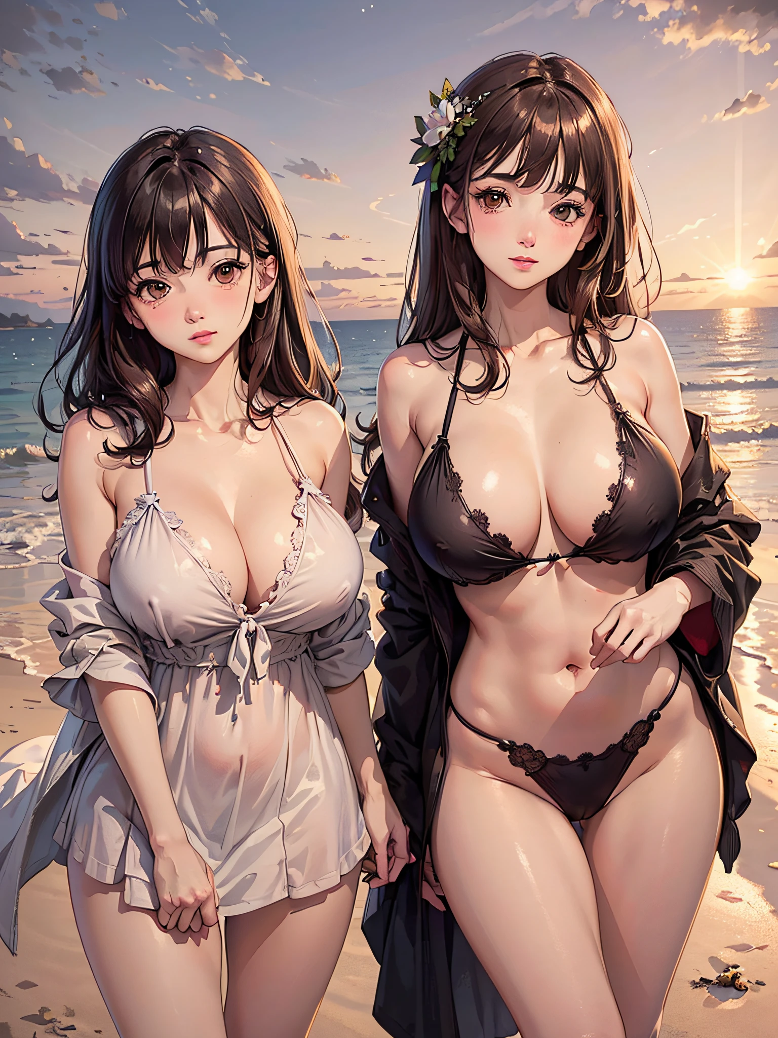 (2ung girls), (best quality), (ultra-detailed), illustration, (detailed light), (an extremely delicate and beautiful), brown hair, brown eyes, model, (Beautiful big breasts), bare shoulders, best quality, extremely detailed CG unified 8k wallpaper, High-definition raw color photos, professional photography, (((Bokeh))), depth of fields, beach, sea, twilight, sunset,