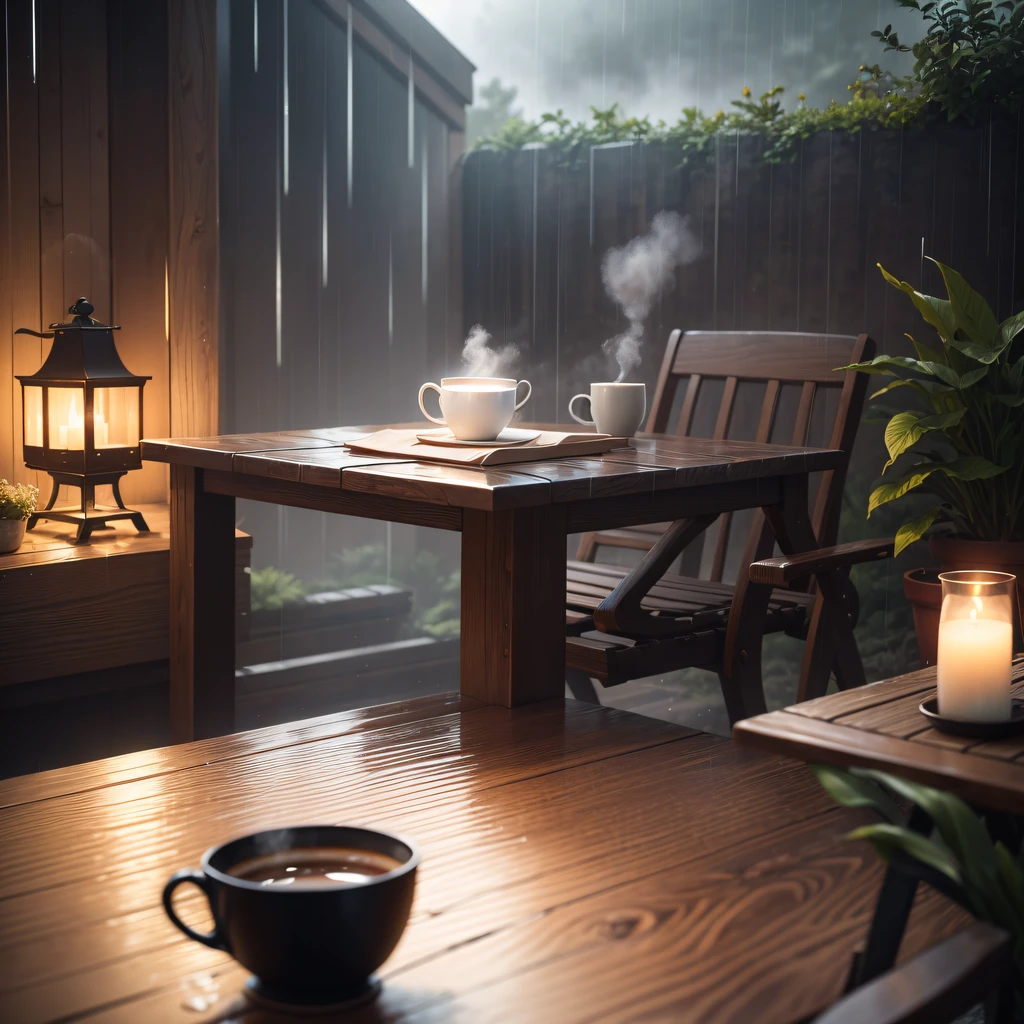 Produce an image that evokes a sense of calm and relaxation, showcasing a sheltered outdoor space with a rain-soaked table, a steaming coffee cup, and an open book amidst a dark, rain-filled sky.