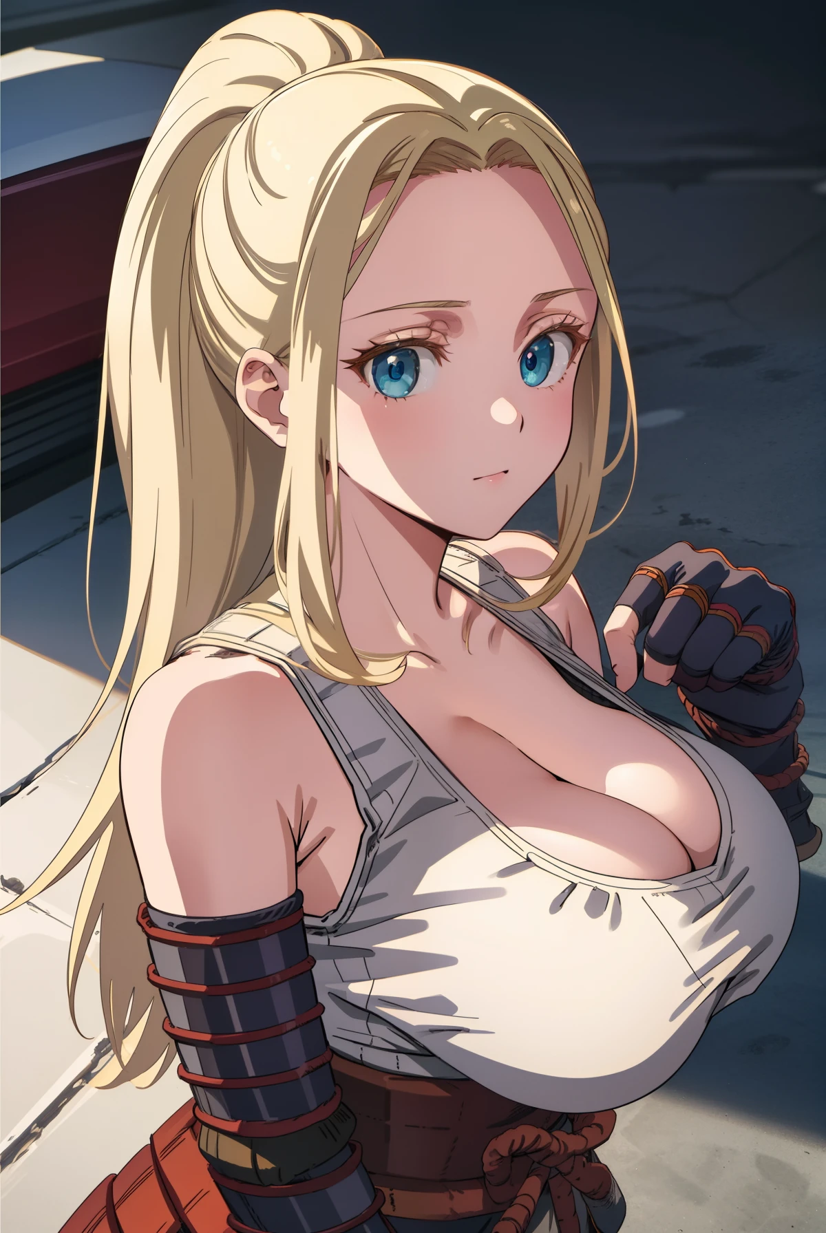 beatrixamerhauser, beatrix amerhauser, long hair, blue eyes, blonde hair, gloves, ponytail, (large breast:1.2),
BREAK gloves, fingerless gloves, armor, japanese armor, tank top, white tank top, cleavage, collarbone,
BREAK looking at viewer,
BREAK outdoors,
BREAK (masterpiece:1.2), best quality, high resolution, unity 8k wallpaper, (illustration:0.8), (beautiful detailed eyes:1.6), extremely detailed face, perfect lighting, extremely detailed CG, (perfect hands, perfect anatomy),