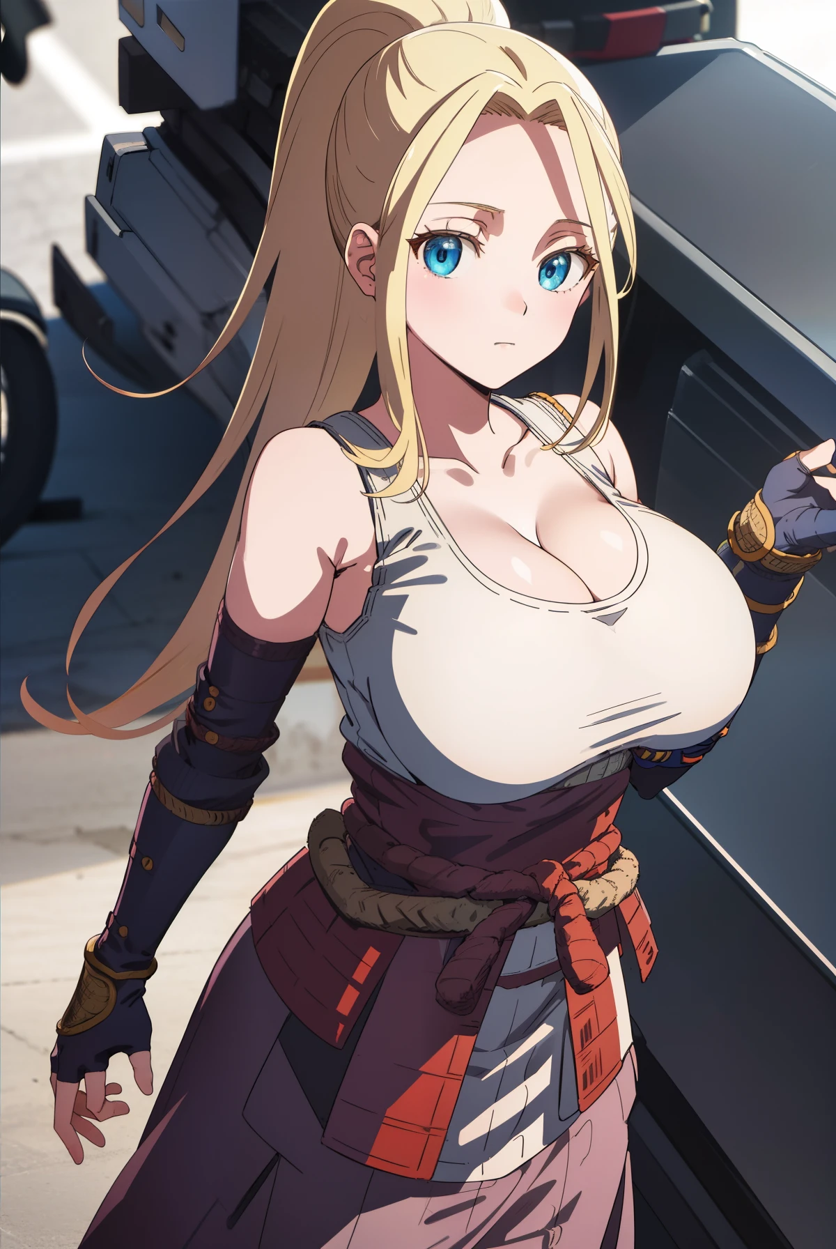 beatrixamerhauser, beatrix amerhauser, long hair, blue eyes, blonde hair, gloves, ponytail, (large breast:1.2),
BREAK gloves, fingerless gloves, armor, japanese armor, tank top, white tank top, cleavage, collarbone,
BREAK looking at viewer,
BREAK outdoors,
BREAK (masterpiece:1.2), best quality, high resolution, unity 8k wallpaper, (illustration:0.8), (beautiful detailed eyes:1.6), extremely detailed face, perfect lighting, extremely detailed CG, (perfect hands, perfect anatomy),