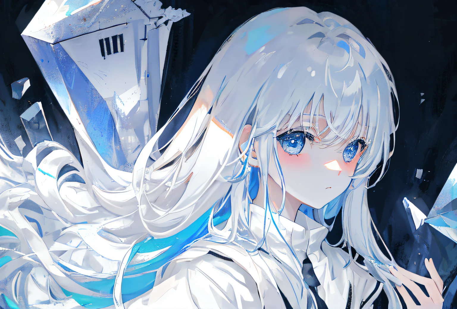 face only, silver shite long hair, thin hair, blue eyes, unemotional face, pale white face