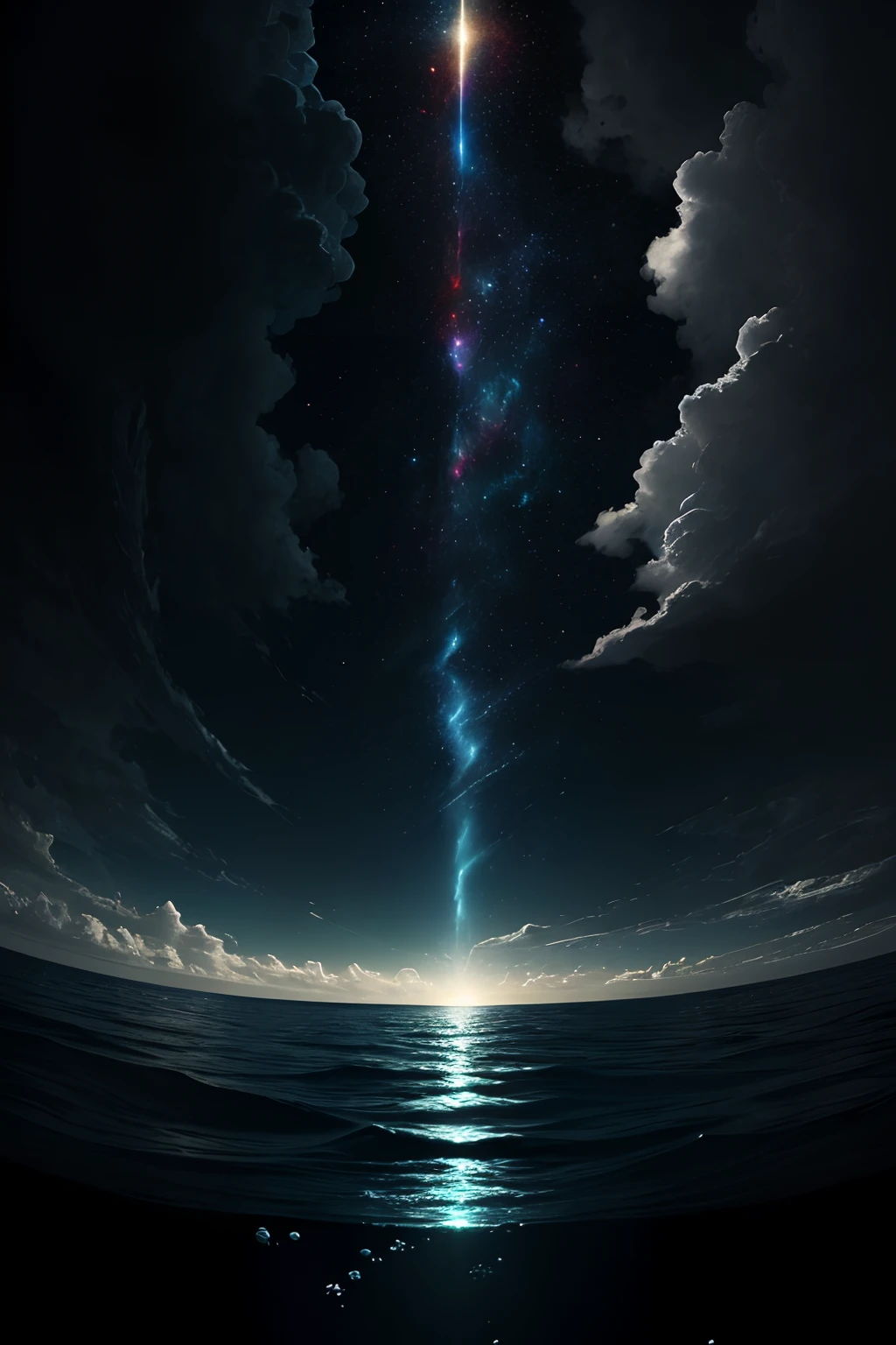 The image shows a majestic panorama of a vast ocean stretching to the horizon, ocupando a maior parte da tela.
The sky above is a deep blue, with sunlight beginning to touch the surface of the waters.
A sharp, curved dividing line, como uma pintura em aquarela, cruza o centro da tela, representing the separation between the upper and lower waters. This line is composed of shades of light blue and dark blue, creating a striking contrast.
Na parte superior da imagem, Fluffy white clouds begin to form, suggesting the atmosphere and celestial space.
Na parte inferior, under the deepest waters, pode-se vislumbrar silhuetas sutis de criaturas marinhas, like fish and maybe even a whale, simbolizando a vida no oceano.
The border of the dividing line displays a color gradient, making the transition between the waters even more impressive.
