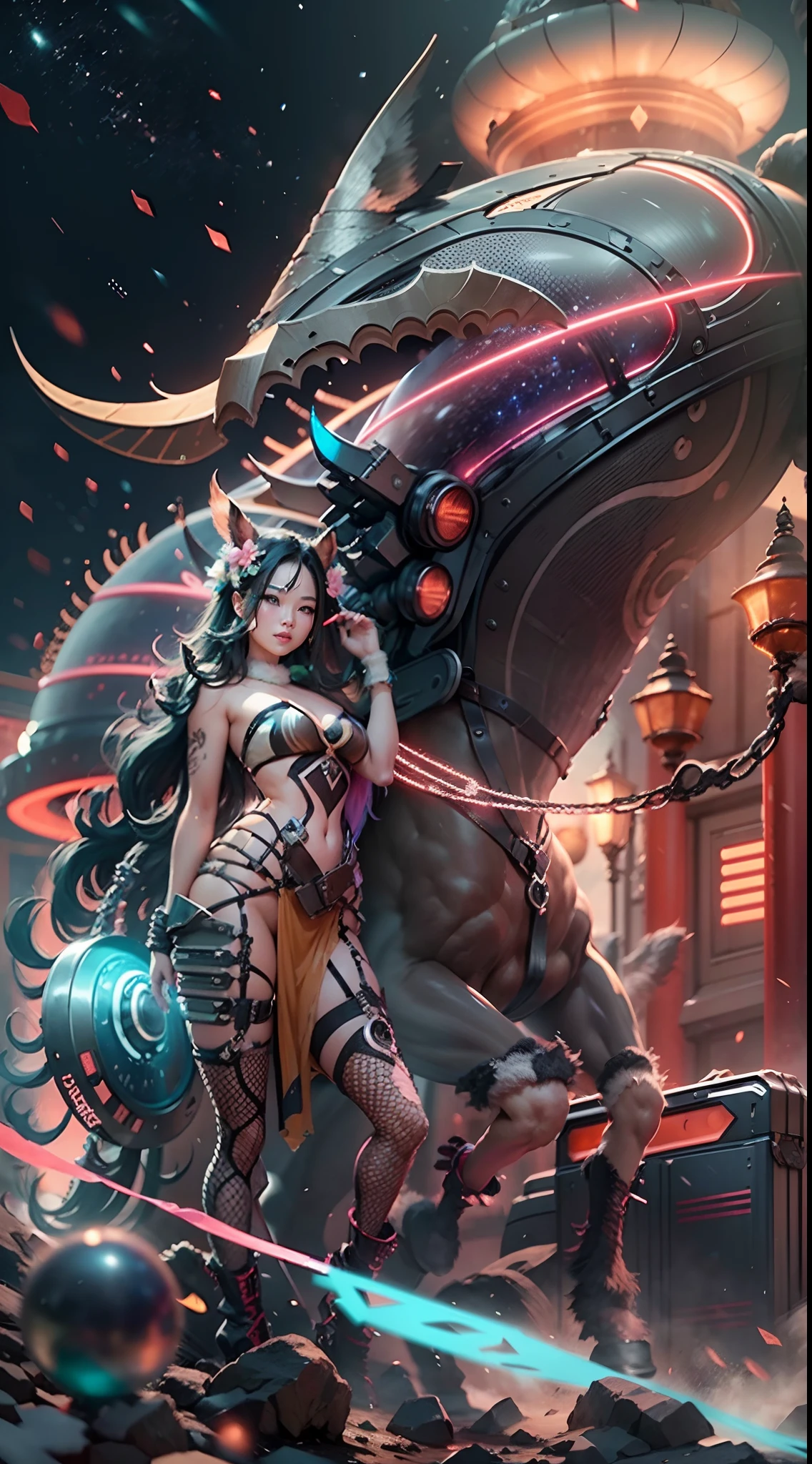 In a very grand scene,The extra-large wide-angle lens captures the appearance of a female centaur。(She is traveling through the stars:9.9),She is tall,It has the ultimate curvy beauty,The muscles are slender and firm,Beautiful lines。Her facial features are tough and coquettish,Always with a sunny smile。She wears special tight-fitting equipment with a strong sense of technology,Step on multifunctional off-road style heels,Delicate and practical protective gear is worn on the hands, feet, wrists, neck and shoulders。The detection equipment around you flashes various cue lights and neon-like information screens,Let her exude a charming brilliance。Use Midjourney's advanced tools,Design special tight-fitting equipment for female centaurs,Highlight her unique physiological characteristics and appearance details,Add realism。And in her adventure scene,Spectacular views of nature,Such as the sky where storms and sunny days alternate、Brilliant rivers of stars and auroras、The snow-capped summit of Mount Everest、Fireworks in the mountain town, etc。ao mesmo tempo,Away from the hustle and bustle of Long Beach Pier is a neon-lit spaceship docked,Create a fantastic scene。Use Midjourney's advanced tools and multiple color palettes、Brush Strokes、Texture tools and model packages,It shows a sense of atmosphere where beauty and charm coexist。The charm of the female centaur is highlighted through color and lines,Enhance realism with detailing,Create a surreal dreamy feeling。Additionally,Use Midjourney's tools to add a variety of extreme sports gear and cultural trinkets to the female centaur,Create intricate hairstyles and outfits,Give her a sense of premium。She never flinches,Regardless of the terrain,can respond quickly,Even the extreme geography and dangerous terrain of aliens cannot stop her。Use Midjourney's powerful tools,You can do it with incredible detail and beauty,Bring this ultra-grand and beautiful scene to life。Ultra-grand scenes,super wide shot, hdr,(真实感,Masterpiece quality,