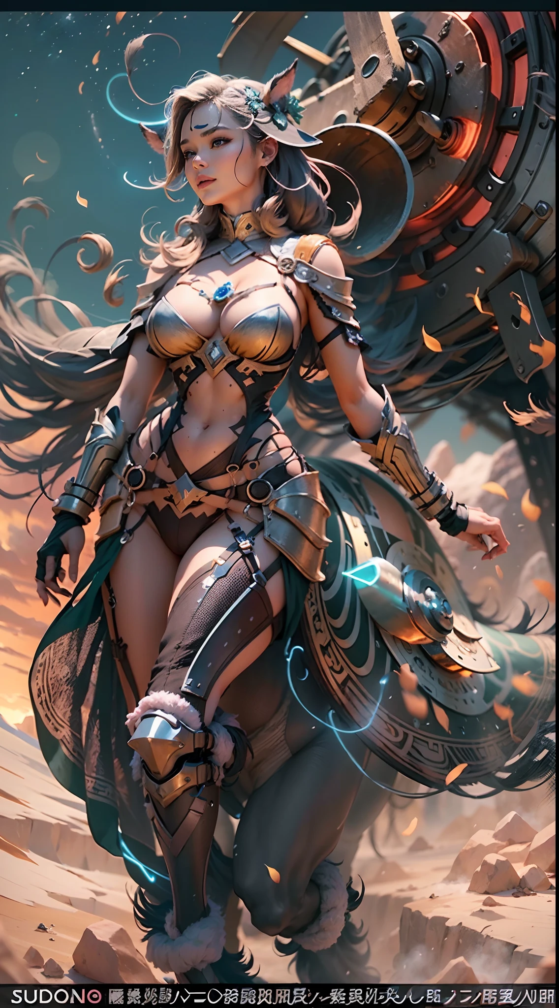 In a very grand scene，The extra-large wide-angle lens captures the appearance of a female centaur。（She is traveling through the stars：9.9），She is tall，It has the ultimate curvy beauty，The muscles are slender and firm，Beautiful lines。Her facial features are tough and coquettish，Always with a sunny smile。She wears special tight-fitting equipment with a strong sense of technology，Step on multifunctional off-road style heels，Delicate and practical protective gear is worn on the hands, feet, wrists, neck and shoulders。The detection equipment around you flashes various cue lights and neon-like information screens，Let her exude a charming brilliance。Use Midjourney's advanced tools，Design special tight-fitting equipment for female centaurs，Highlight her unique physiological characteristics and appearance details，Add realism。And in her adventure scene，Spectacular views of nature，Such as the sky where storms and sunny days alternate、Brilliant rivers of stars and auroras、The snow-capped summit of Mount Everest、Fireworks in the mountain town, etc。ao mesmo tempo，Away from the hustle and bustle of Long Beach Pier is a neon-lit spaceship docked，Create a fantastic scene。Use Midjourney's advanced tools and multiple color palettes、Brush Strokes、Texture tools and model packages，It shows a sense of atmosphere where beauty and charm coexist。The charm of the female centaur is highlighted through color and lines，Enhance realism with detailing，Create a surreal dreamy feeling。Additionally，Use Midjourney's tools to add a variety of extreme sports gear and cultural trinkets to the female centaur，Create intricate hairstyles and outfits，Give her a sense of premium。She never flinches，Regardless of the terrain，can respond quickly，Even the extreme geography and dangerous terrain of aliens cannot stop her。Use Midjourney's powerful tools，You can do it with incredible detail and beauty，Bring this ultra-grand and beautiful scene to life。Ultra-grand scenes，super wide shot， hdr，（真实感，Masterpiece quality，