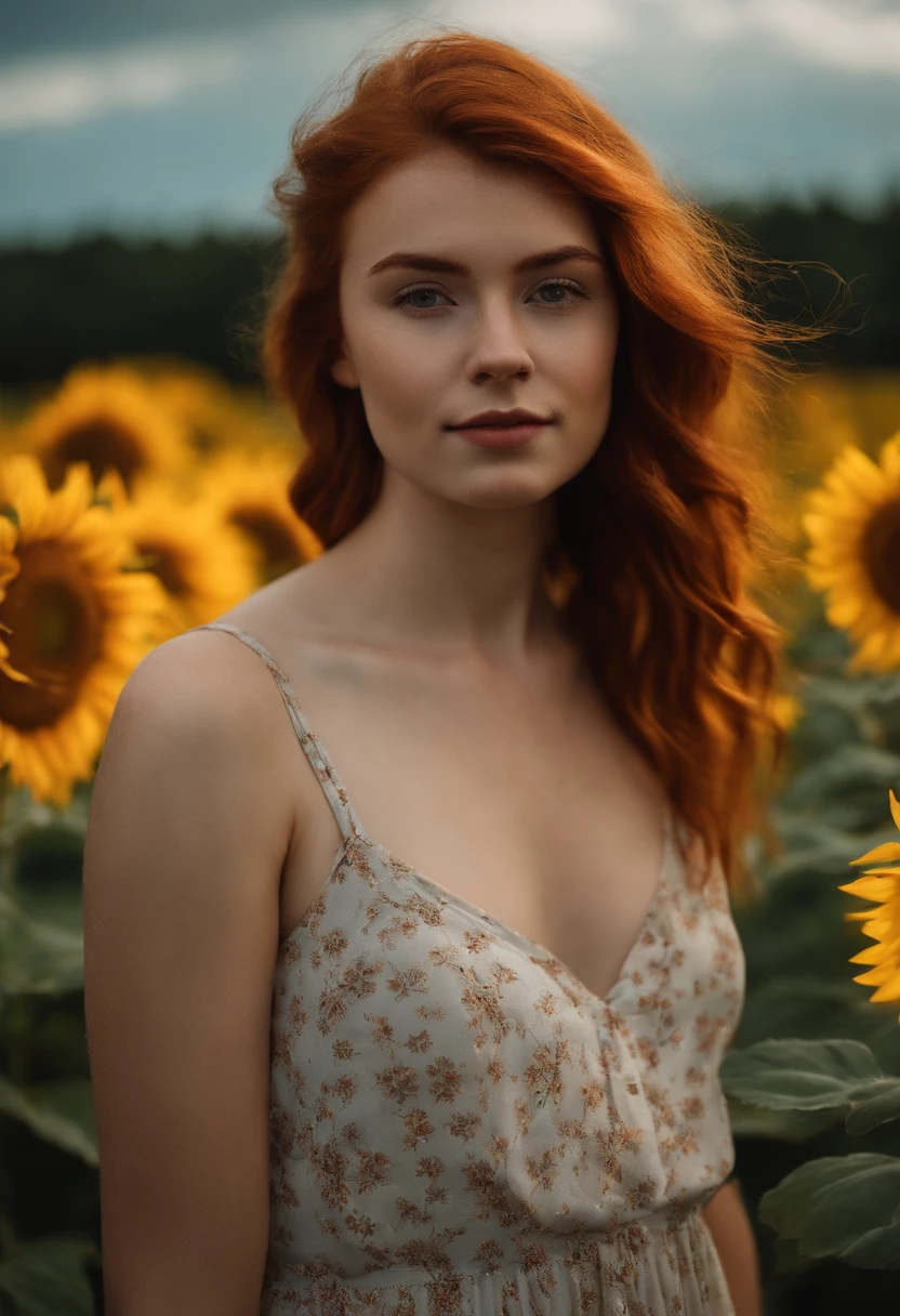 Red head girl with freckles and green eyes and sunflowers standing with a guy with brown hair and blue eyes