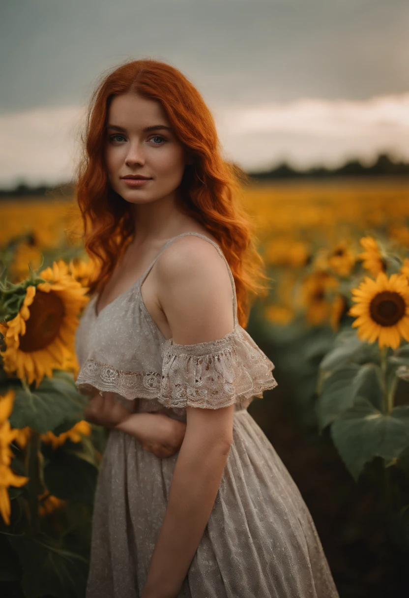 1girl, 20 years old, reddish hair, from ireland, full body, close-up, looking at viewer, standing, friendly shy smile, depth of field, tattoo, wearing transparent summer dress, doll style, sunflower field