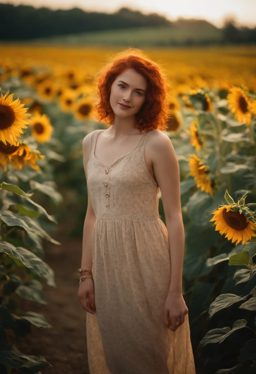 1girl, 20 years old, reddish hair, from ireland, full body, close-up, looking at viewer, standing, friendly shy smile, depth of field, tattoo, wearing transparent summer dress, baby doll style, sunflower field