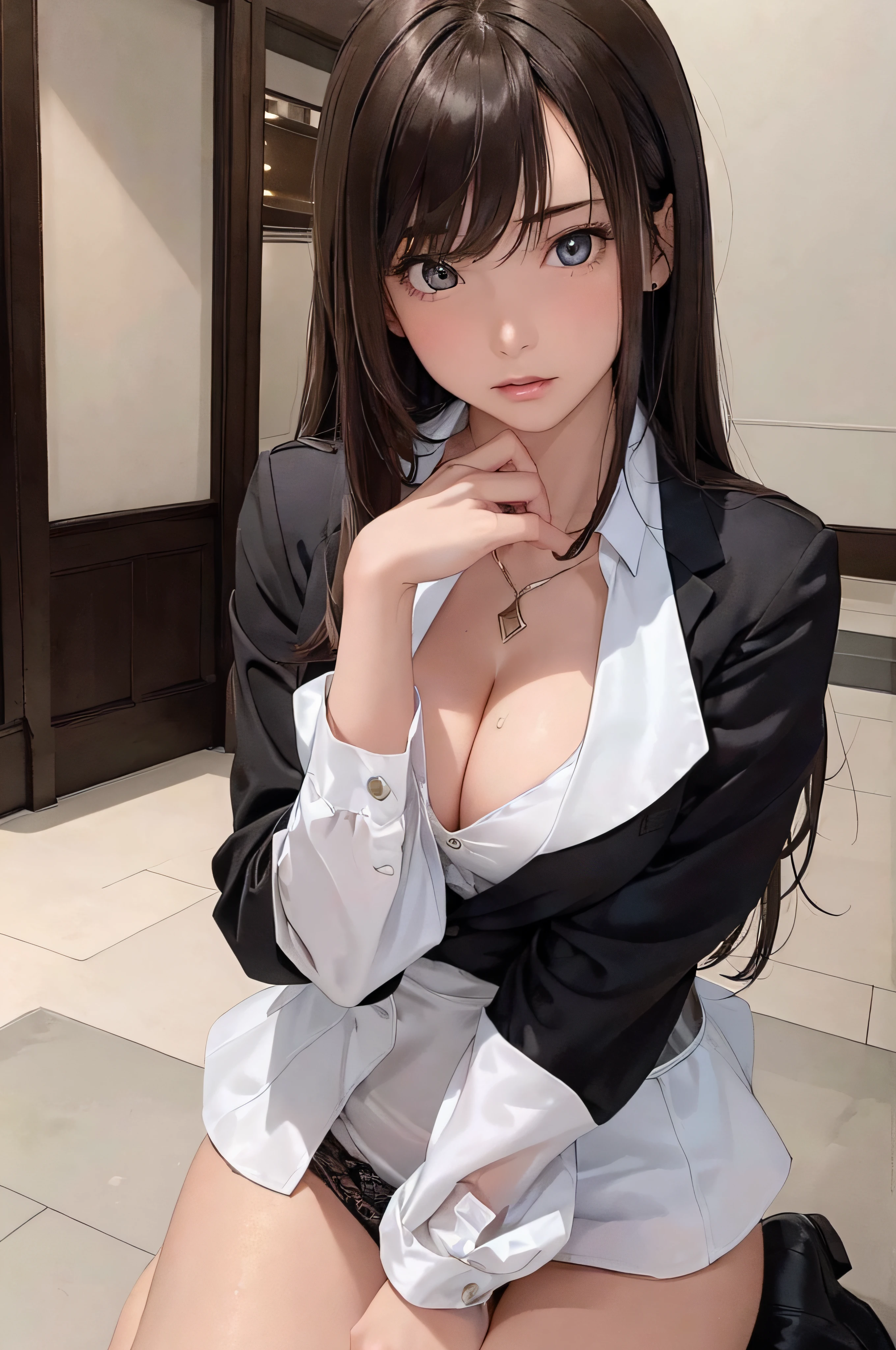 (1girl 24 years old:1.3), (photorealistic:1.4), (masterpiece, top quality, best quality, official art), extreme detailed, highest detailed, (ultra-detailed), ((an extremely delicate and beautiful)), cinematic light, (realisticlying:1.3), (highdetailskin:1.2), high resolution, 8K UHD, 4K, 8K, Bokeh, digital SLR camera, absurderes, Optimal proportions of four fingers and one thumb, 
((silky long hair)), (brown hair), beautiful face, perfect face, highly detailed beautiful face, 
Cute, shy,
walk hotel lobby, midnight,
dynamic angle, from above, 
((Wearing a black formal blazer)), ((white blouse with collar)), cleavage, skirt, lacepantyhose, blue underwear,
open legs a little, kneel down,