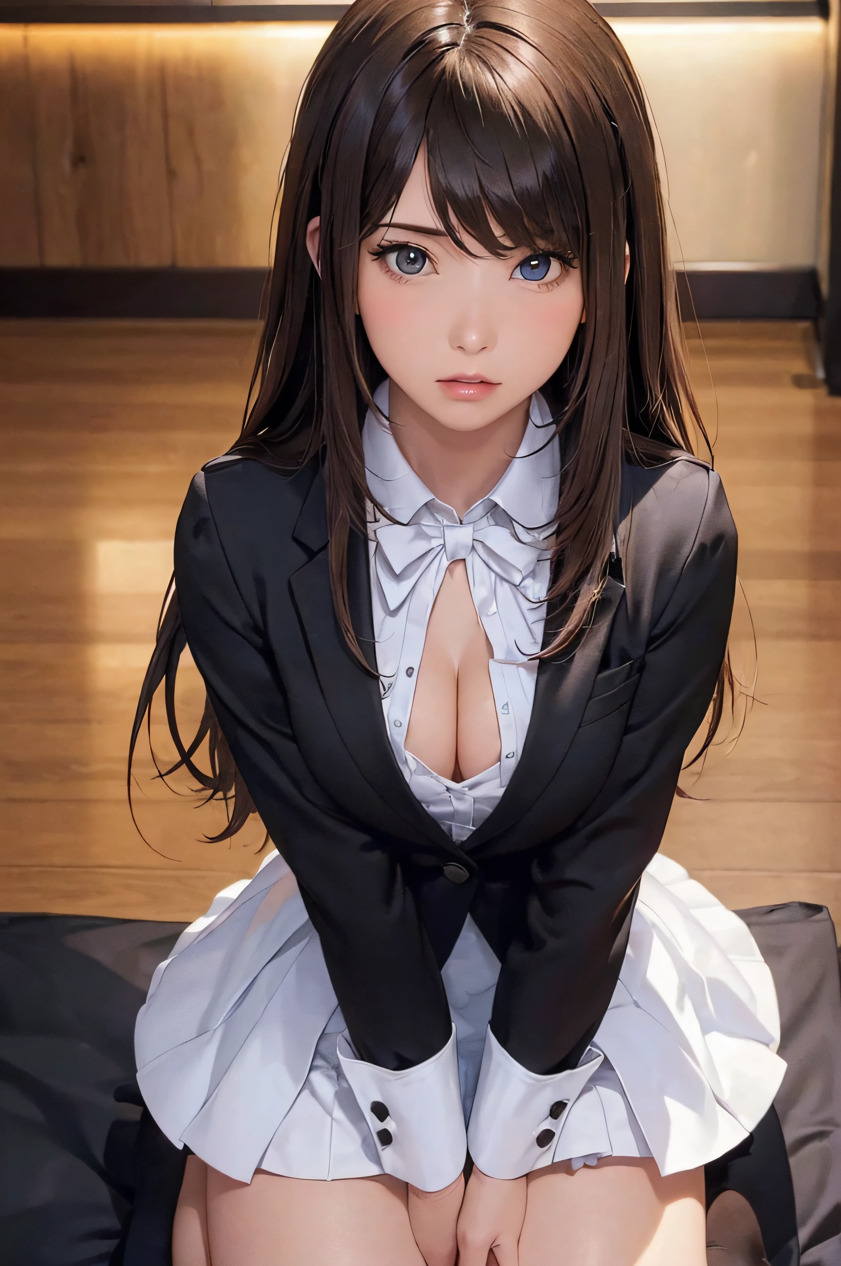 (1girl 24 years old:1.3), (photorealistic:1.4), (masterpiece, top quality, best quality, official art), extreme detailed, highest detailed, (ultra-detailed), ((an extremely delicate and beautiful)), cinematic light, (realisticlying:1.3), (highdetailskin:1.2), high resolution, 8K UHD, 4K, 8K, Bokeh, digital SLR camera, absurderes, Optimal proportions of four fingers and one thumb,
((silky long hair)), (brown hair), beautiful face, perfect face, highly detailed beautiful face,
Cute, shy,
walk hotel lobby, midnight,
dynamic angle, from above,
((Wearing a black formal blazer)), ((white blouse with collar)), cleavage, skirt, lacepantyhose, blue underwear,
open legs a little, kneel down,