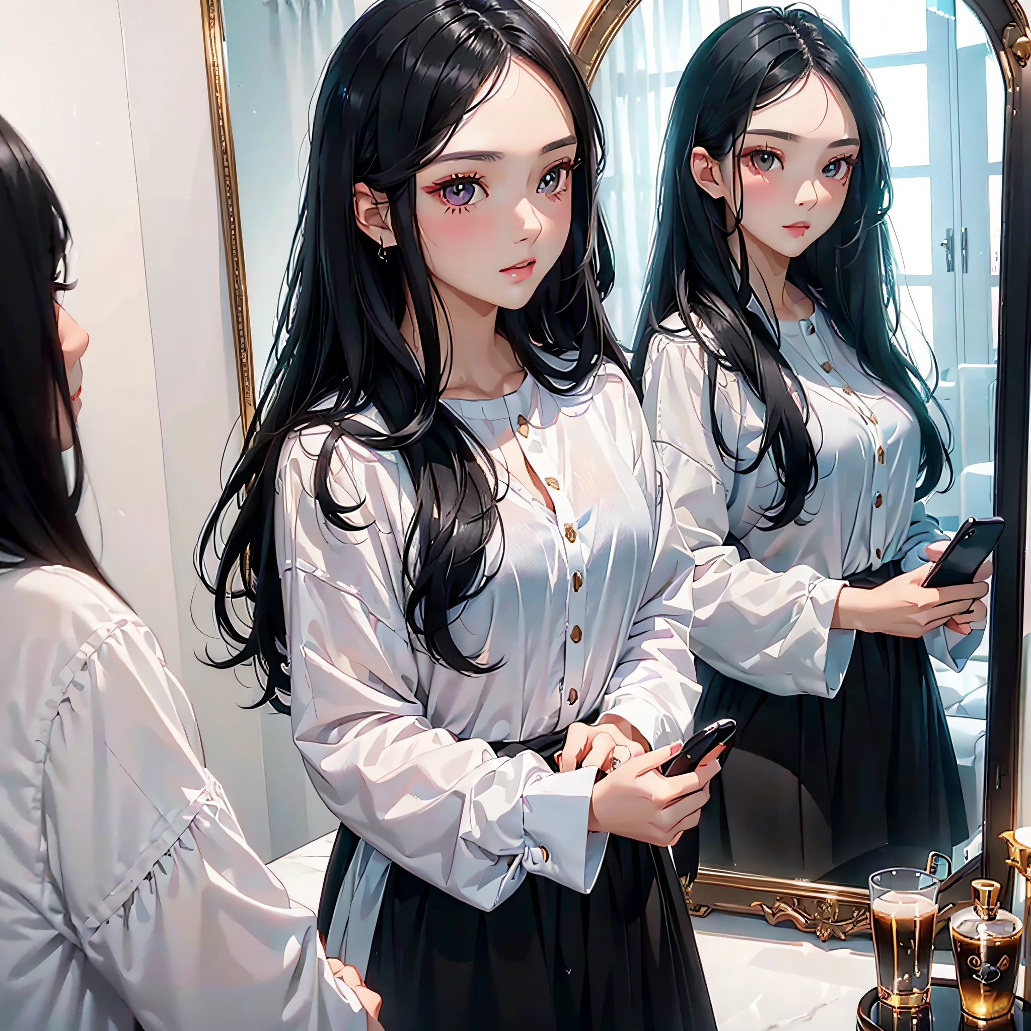 ((Face to face２Semi-long black hair beautiful girl taking a selfie with her smartphone in between the mirrors)):1.9、Perfect Ray Tracing、top-quality、Masterpiece