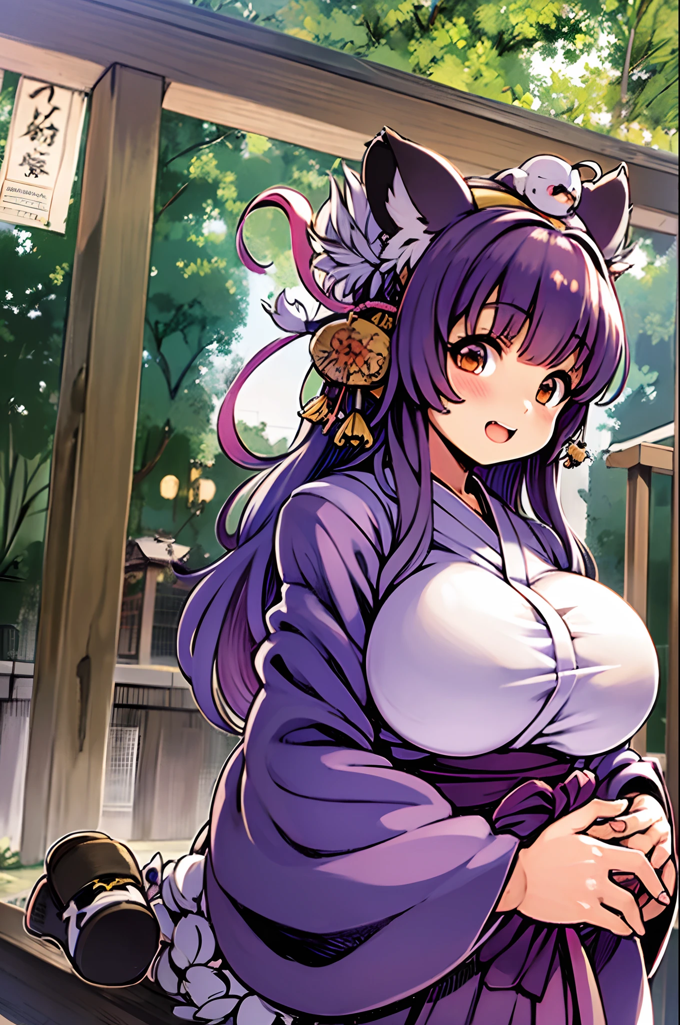 seilah, seilah, long hair, horns, purple hair, facial mark, forehead mark, (purple eyes:1.1), headband, BREAK cleavage, japanese clothes, horns, choker, wide sleeves, kimono, sash, tattoos, BREAK cowboy shot, looking at viewer, BREAK outdoors, BREAK (masterpiece:1.2), best quality, high resolution, unity 8k wallpaper, (illustration:0.8), (beautiful detailed eyes:1.6), extremely detailed face, perfect lighting, extremely detailed CG, big breasts, upper body, holding breasts, hand in breasts, hands on own breasts, bouncing breasts, seductive smile, nipples, breasts out